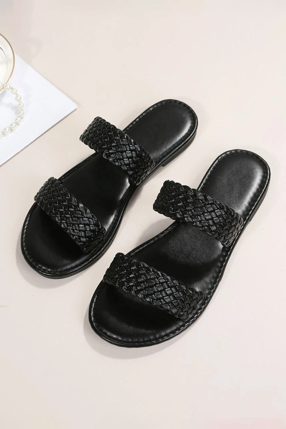 Black Braided Double Band Leathered Flat Slippers - Premium Shoes & Bags/Slippers from Momma Done Gone Crafty- Just $24.99! Shop now at Momma Done Gone Crafty