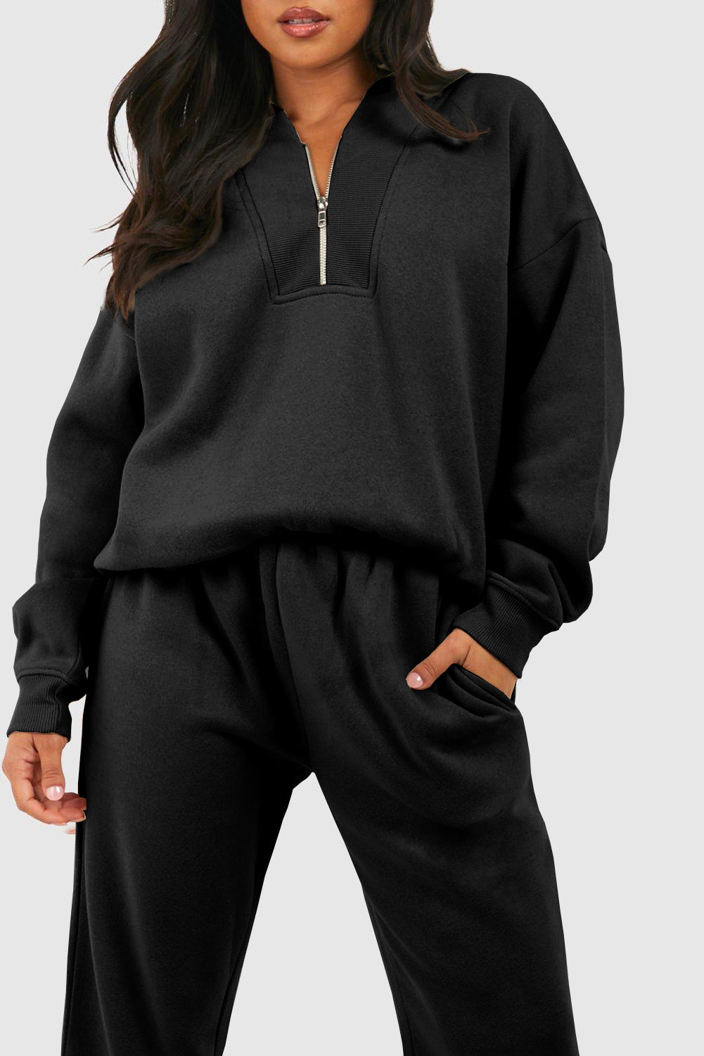 Black Plain Half Zip V Neck Ribbed Edge Loose Tracksuit - Premium Activewear/Activewear Sets from Ashes 2 Wildflowers Boutique, LLC- Just $47.70! Shop now at Ashes 2 Wildflowers Boutique, LLC