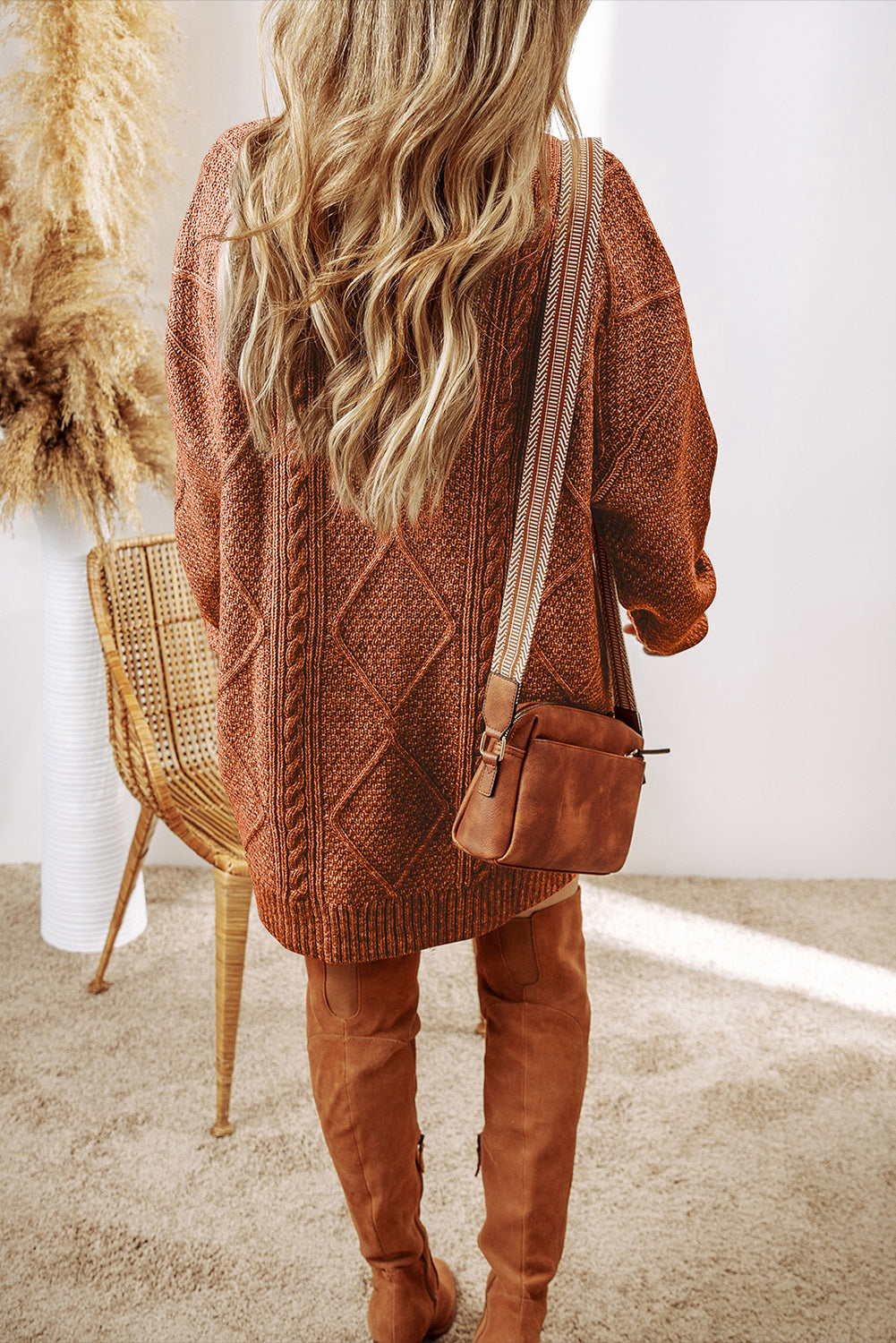 Coffee Cable Knit Drop Shoulder Loose Fit Sweater Dress - Premium Sweaters & Cardigans/Sweater Dresses from Momma Done Gone Crafty- Just $35.85! Shop now at Momma Done Gone Crafty