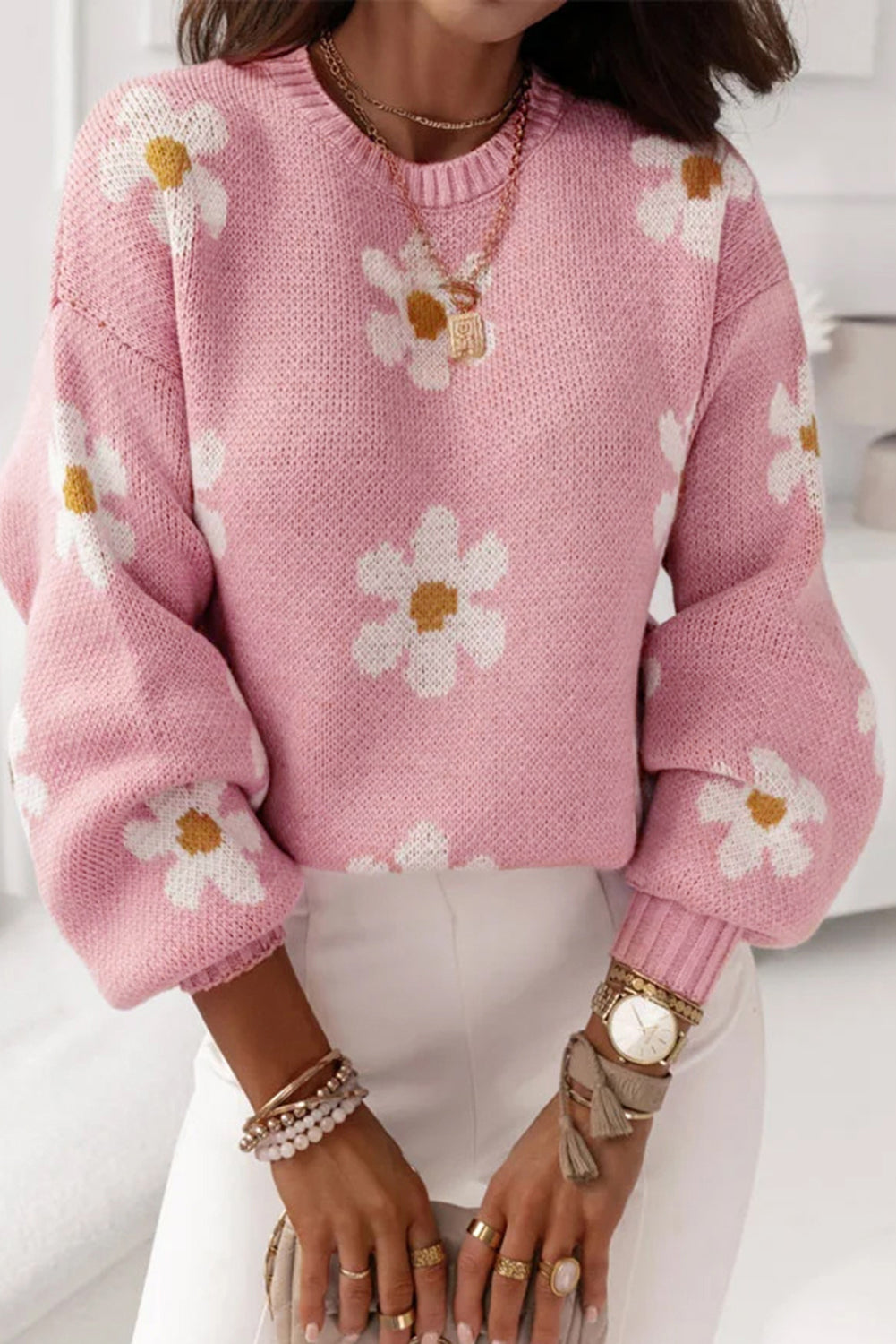 Pink Floral Pattern Drop Shoulder Sweater - Premium Tops from Momma Done Gone Crafty- Just $54.80! Shop now at Momma Done Gone Crafty