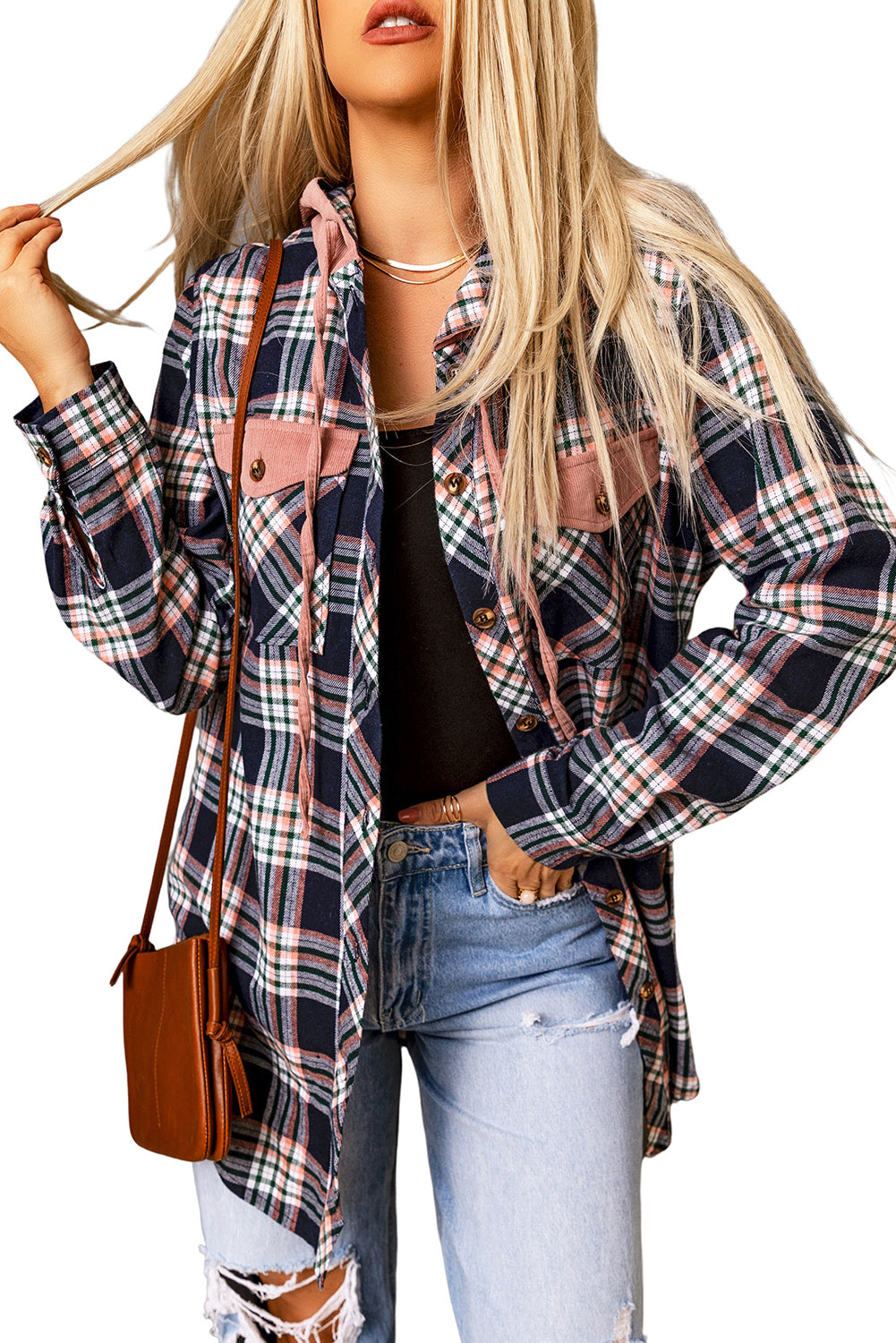 Pink Contrast Hooded Drawstring Plaid Shacket - Premium Outerwear from Momma Done Gone Crafty- Just $46.23! Shop now at Momma Done Gone Crafty