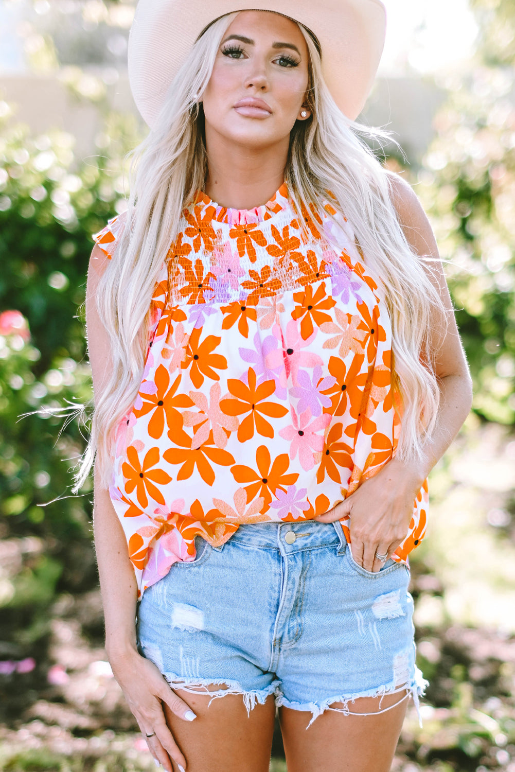 Orange Ruffled Sleeve Smocked Floral Top - Premium Tops/Blouses & Shirts from Ashes 2 Wildflowers Boutique, LLC- Just $30.14! Shop now at Ashes 2 Wildflowers Boutique, LLC