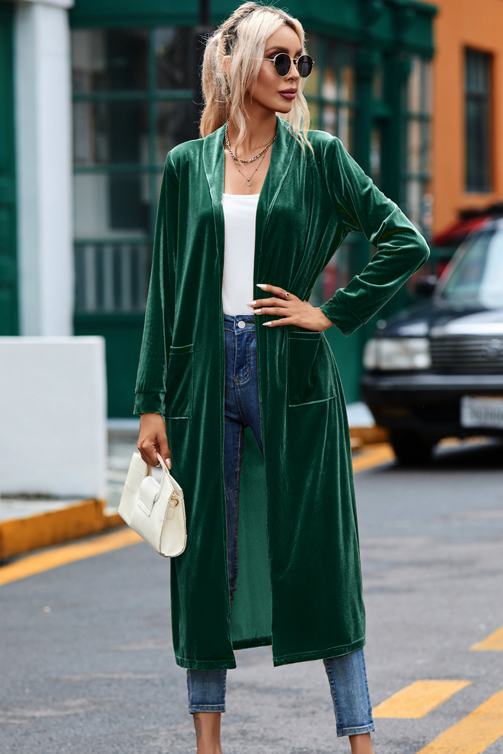 Green Velvet Open Front Pocketed Long Duster - Premium Tops from Momma Done Gone Crafty- Just $41.40! Shop now at Momma Done Gone Crafty