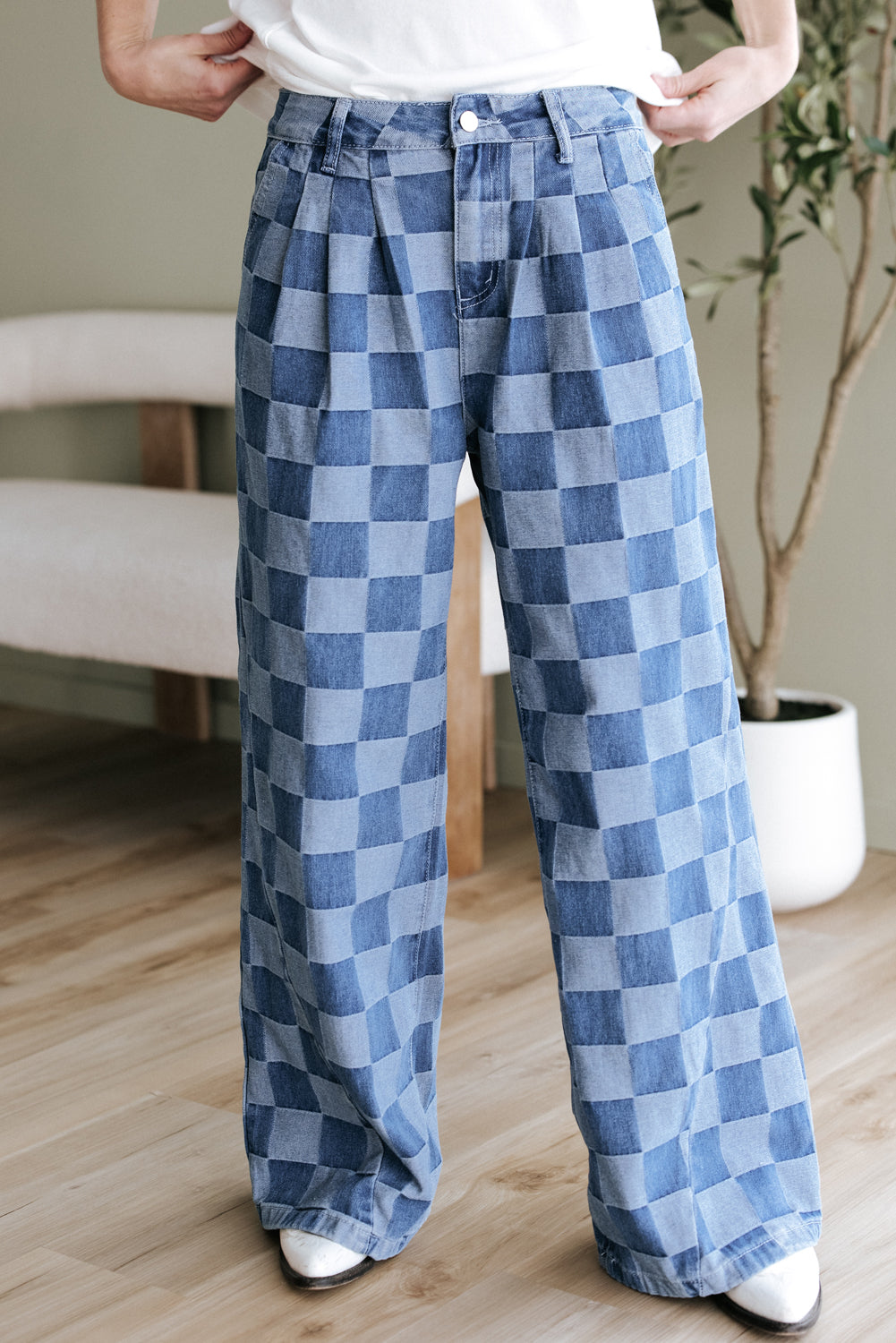 Dusk Blue Checkered Denim Wide Leg Jeans - Premium Bottoms/Jeans from Ashes 2 Wildflowers Boutique, LLC- Just $38.15! Shop now at Ashes 2 Wildflowers Boutique, LLC