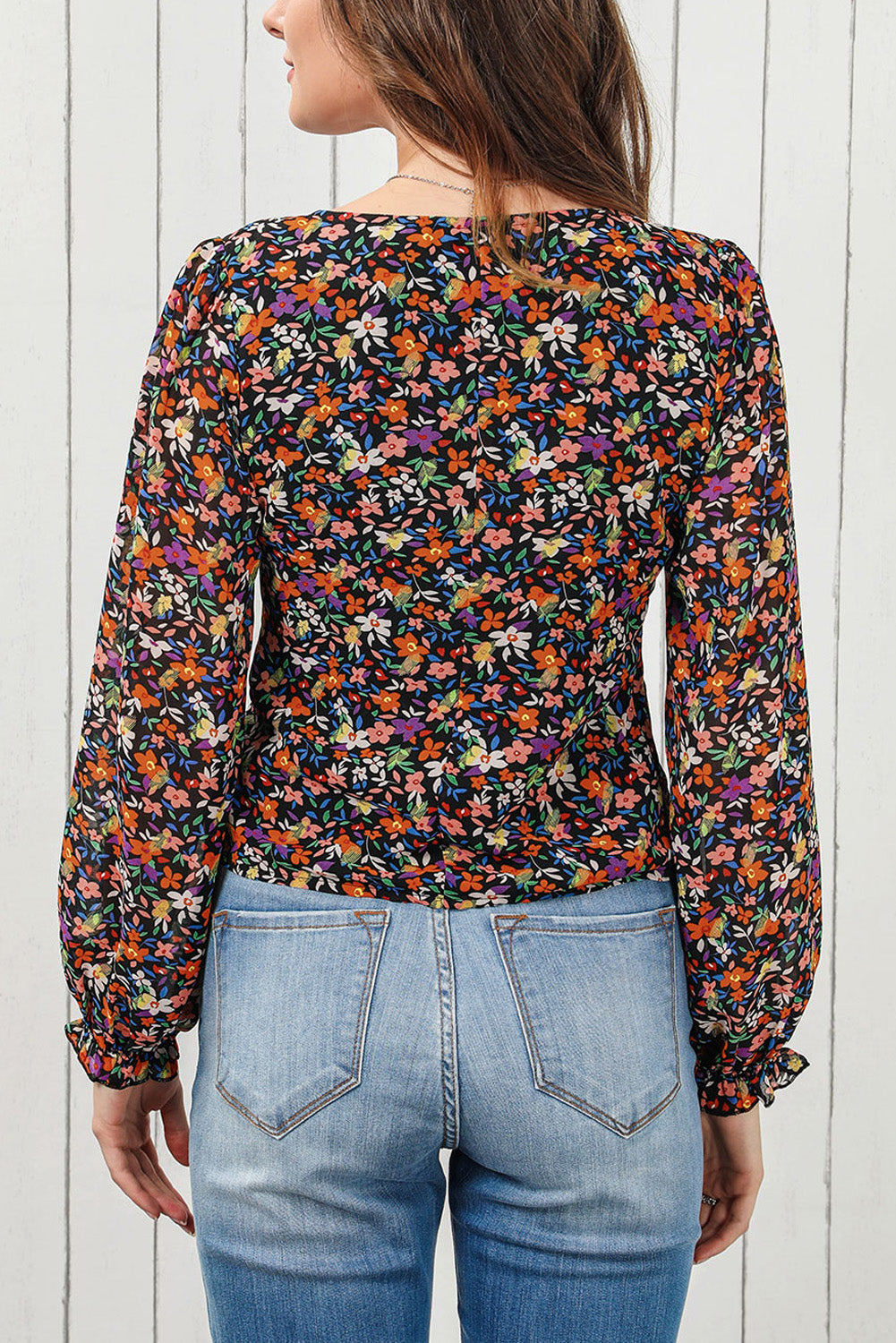 Black Plus Size V Neck Bubble Sleeve Floral Blouse - Premium Plus Size from Momma Done Gone Crafty- Just $53.10! Shop now at Momma Done Gone Crafty