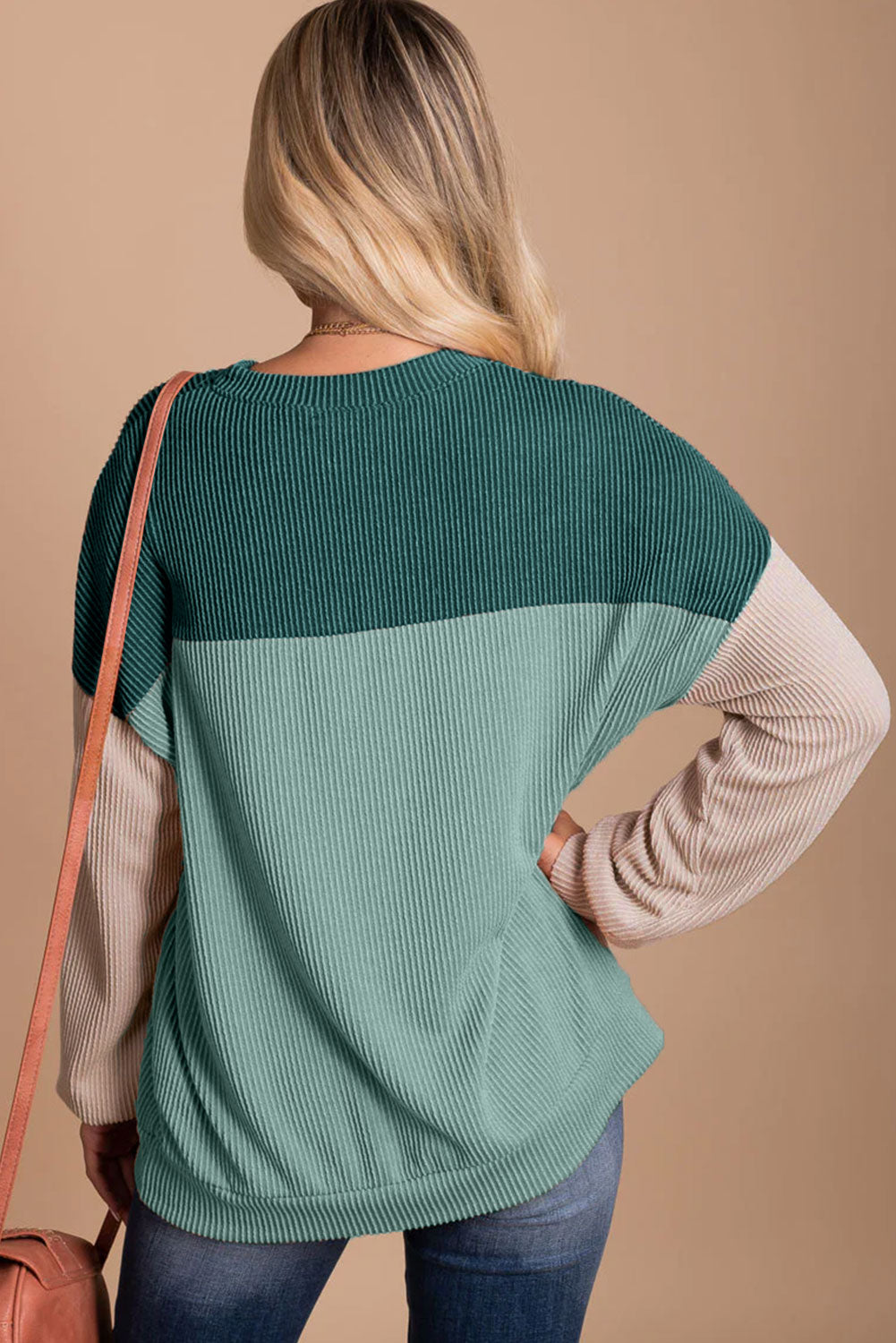 Green Color Block Long Sleeve Ribbed Loose Top - Premium Tops from Momma Done Gone Crafty- Just $37.80! Shop now at Momma Done Gone Crafty