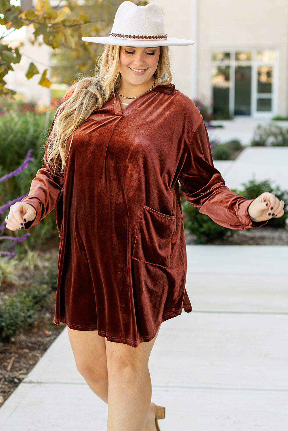 Coffee Plus Size V Neck Collared Pleated Back Rounded Hem Velvet Dress - Premium Plus Size/Plus Size Dresses/Plus Size Mini Dresses from Momma Done Gone Crafty- Just $30.45! Shop now at Momma Done Gone Crafty