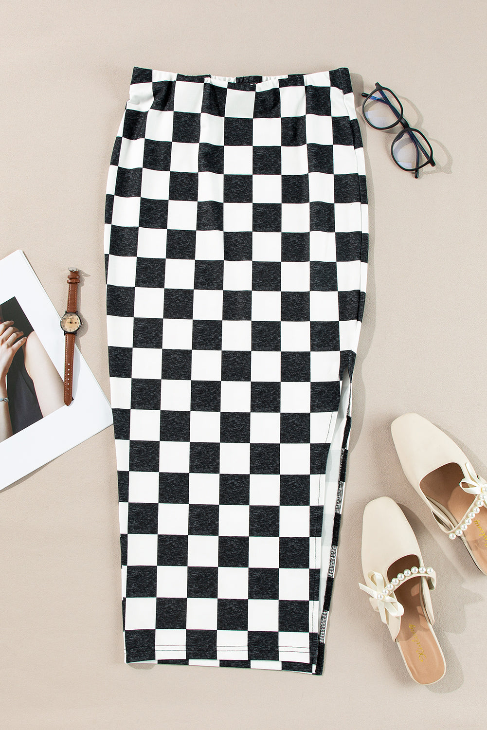 White Checkered Print Side Slit High Waist Midi Skirt - Premium Bottoms/Skirts & Petticoat from Momma Done Gone Crafty- Just $9.60! Shop now at Momma Done Gone Crafty