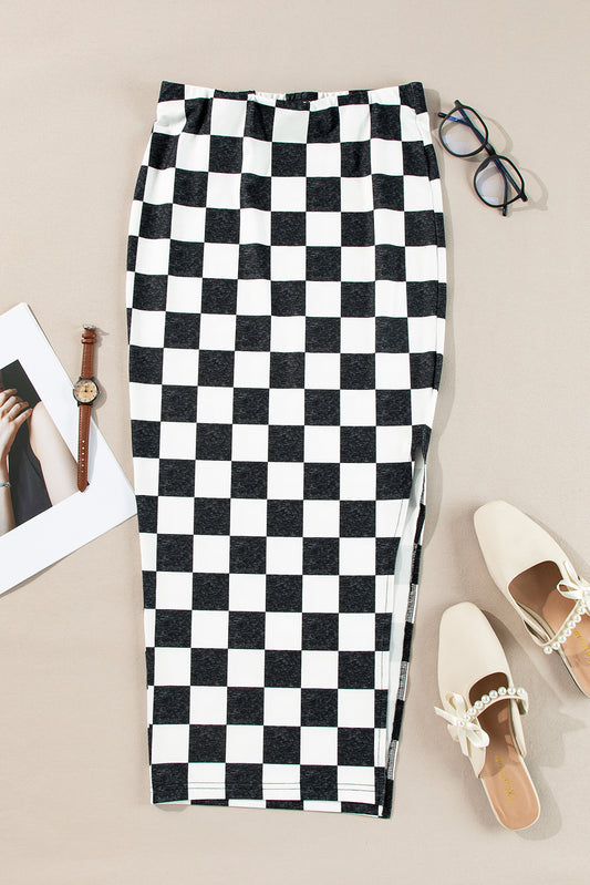 White Checkered Print Side Slit High Waist Midi Skirt - Premium Bottoms/Skirts & Petticoat from Momma Done Gone Crafty- Just $9.60! Shop now at Momma Done Gone Crafty