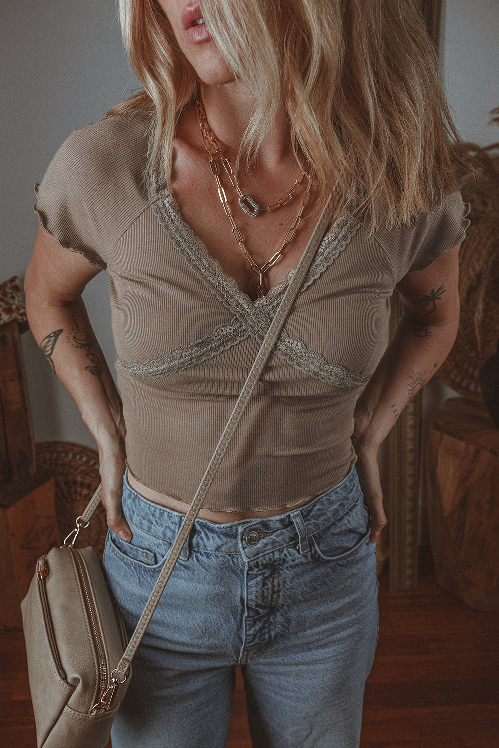 Dark Brown Lace Splicing Criss Cross Slim Fit V Neck T Shirt - Premium Tops/Tops & Tees from Ashes 2 Wildflowers Boutique, LLC- Just $25.48! Shop now at Ashes 2 Wildflowers Boutique, LLC