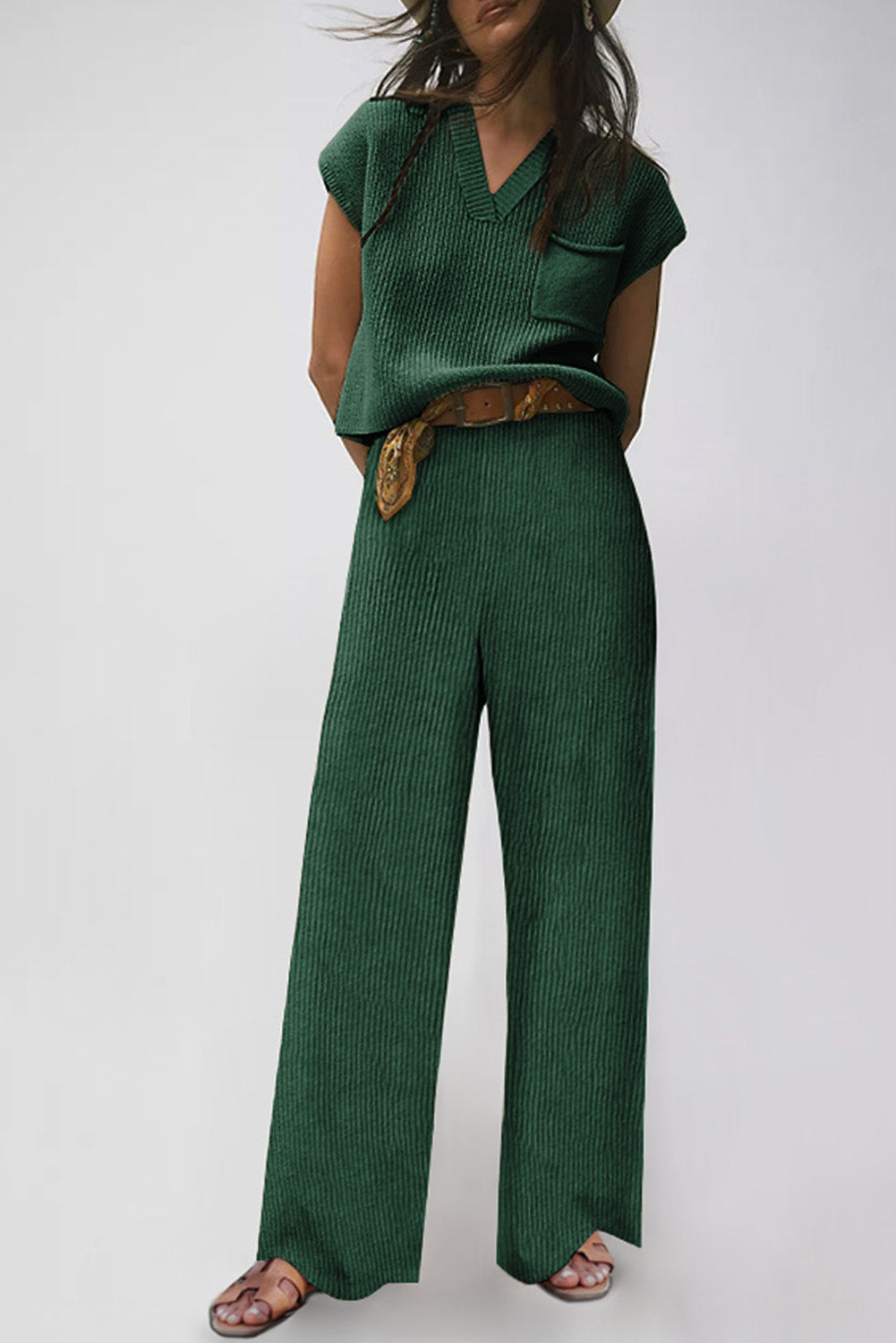 Green Knitted V Neck Sweater and Casual Pants Set - Premium Loungewear from Momma Done Gone Crafty- Just $82.26! Shop now at Momma Done Gone Crafty