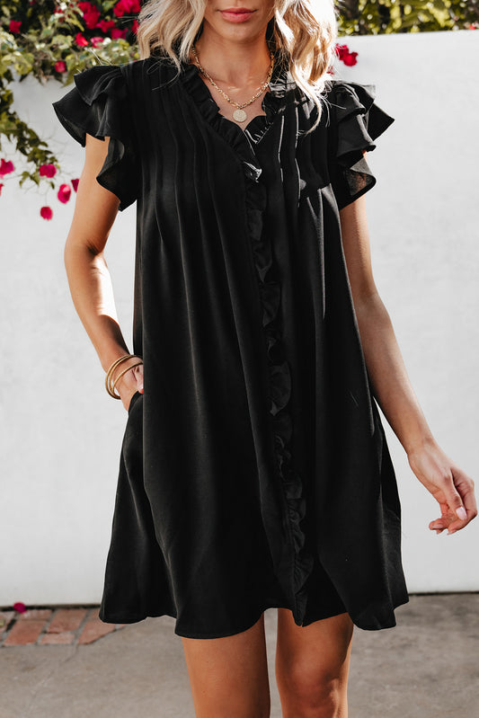 Black Ruffle Sleeve V Neck Frilled Shift Dress - Premium Dresses/Mini Dresses from Ashes 2 Wildflowers Boutique, LLC- Just $32.06! Shop now at Ashes 2 Wildflowers Boutique, LLC