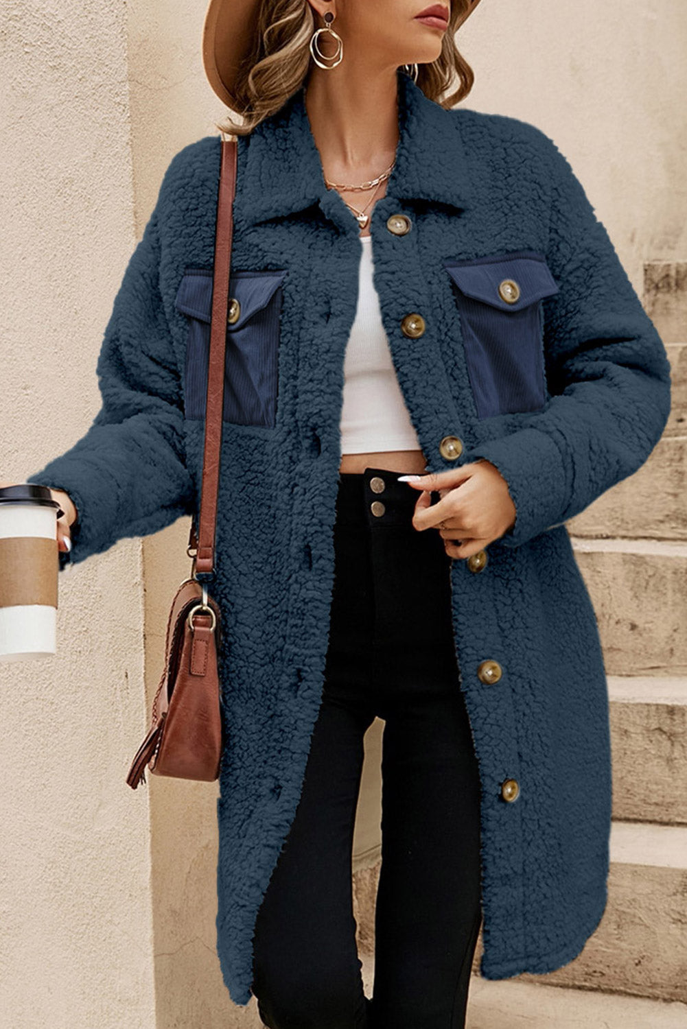 Blue Contrast Flap Pocket Single Breasted Teddy Coat - Premium Outerwear/Coats from Momma Done Gone Crafty- Just $45.99! Shop now at Momma Done Gone Crafty