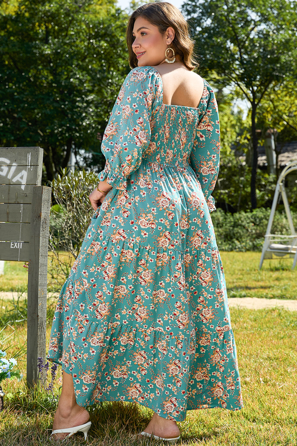 Green Plus Size Floral Print Square Neck Smocked Maxi Dress - Premium Plus Size/Plus Size Dresses/Plus Size Maxi Dresses from Momma Done Gone Crafty- Just $49.95! Shop now at Momma Done Gone Crafty
