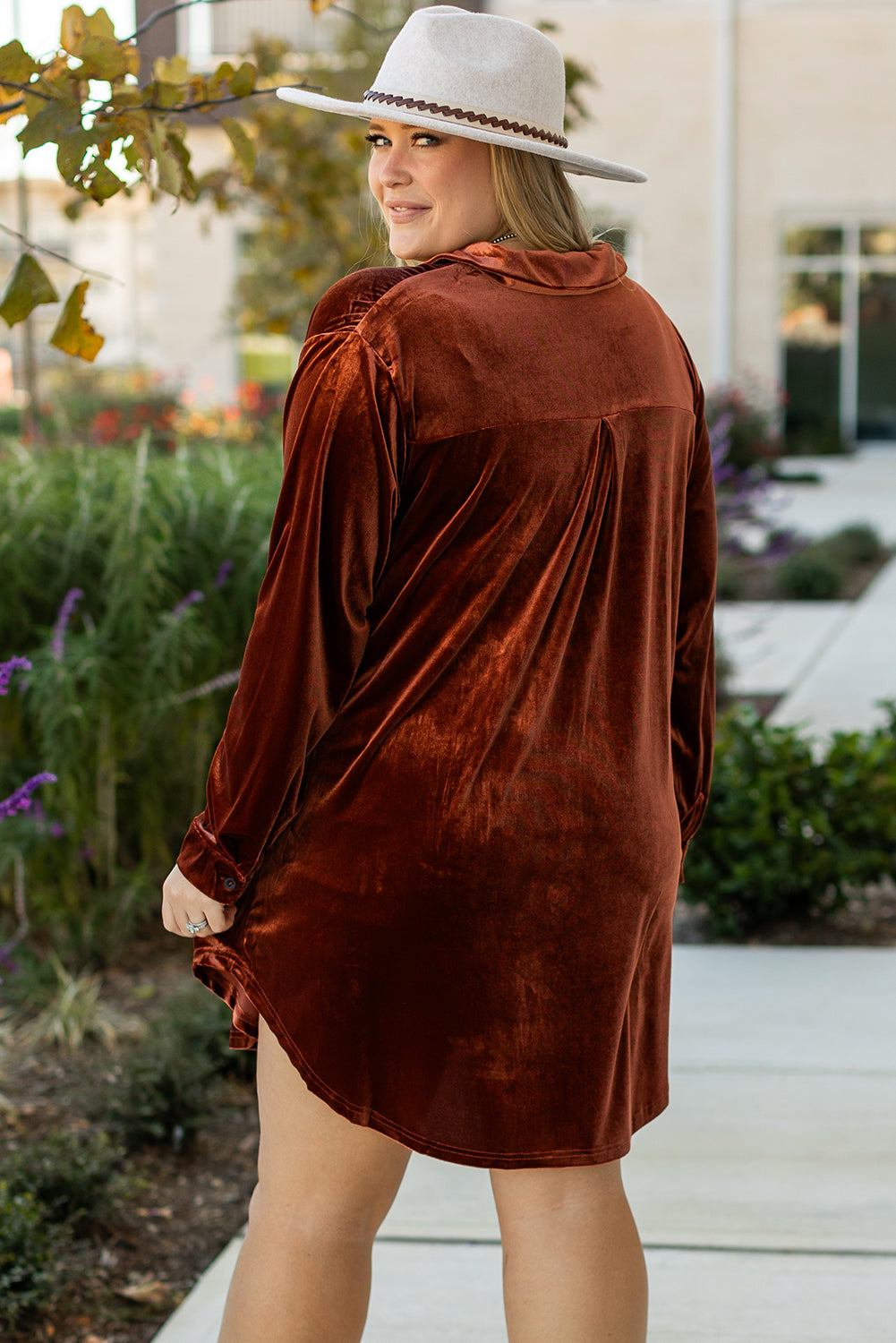 Coffee Plus Size V Neck Collared Pleated Back Rounded Hem Velvet Dress - Premium Plus Size/Plus Size Dresses/Plus Size Mini Dresses from Momma Done Gone Crafty- Just $30.45! Shop now at Momma Done Gone Crafty