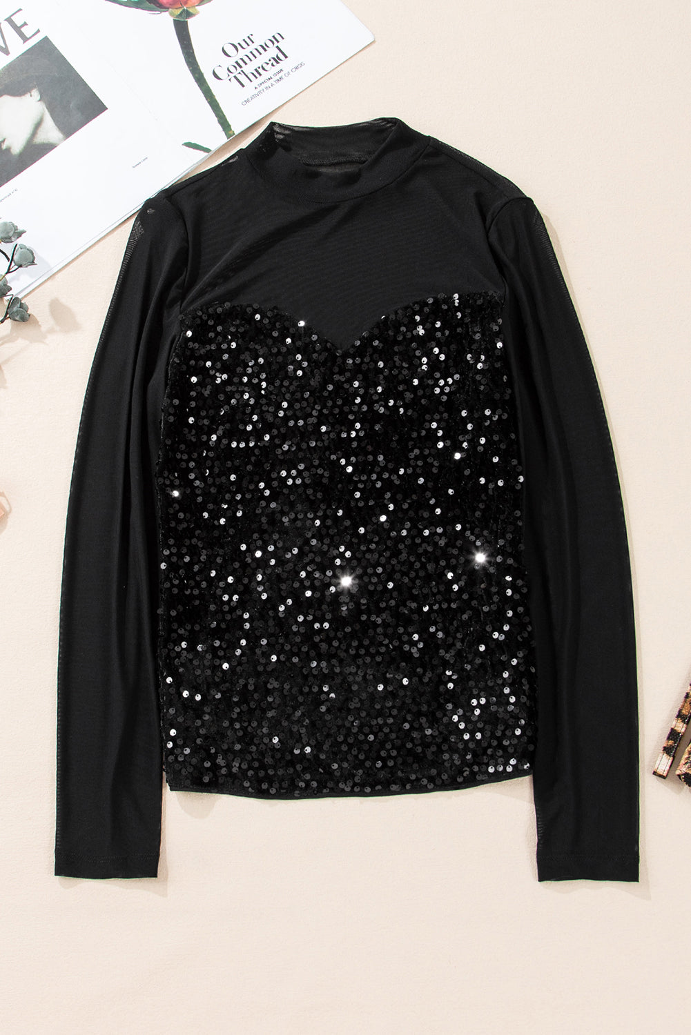Black Sequin Velvet Sheer Mesh Mock Neck Blouse - Premium Tops/Blouses & Shirts from Momma Done Gone Crafty- Just $18.45! Shop now at Momma Done Gone Crafty