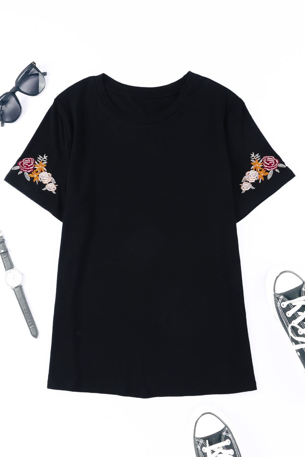 Black Floral Embroidered Round Neck Short Sleeve T Shirt - Premium Tops from Momma Done Gone Crafty- Just $59.70! Shop now at Momma Done Gone Crafty