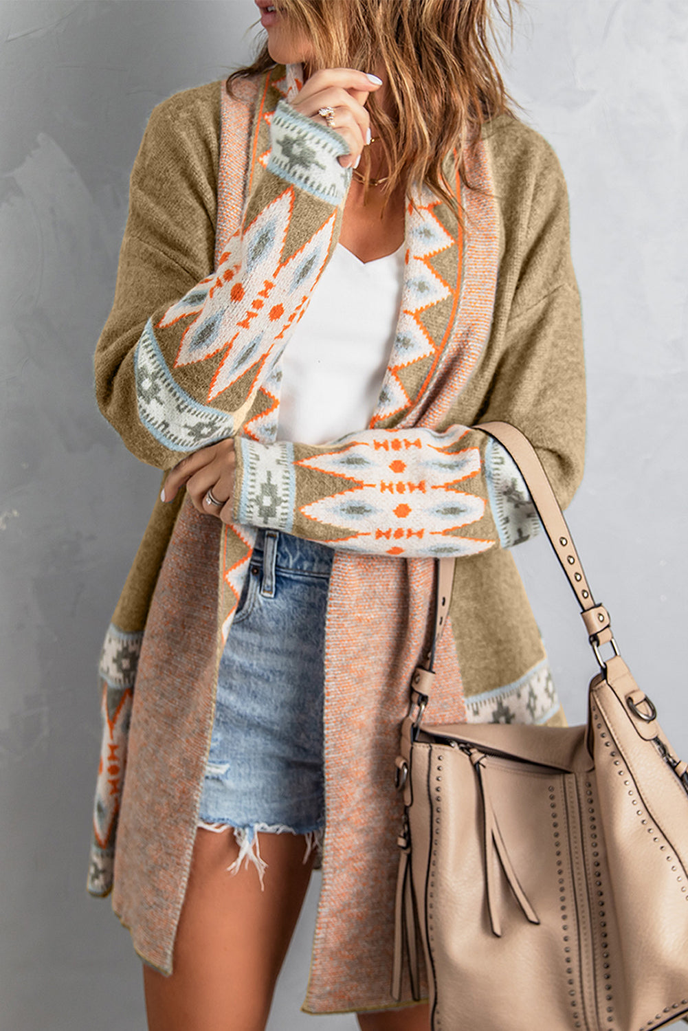 Khaki Aztec Print Open Front Knitted Cardigan - Premium Sweaters & Cardigans/Cardigans from Ashes 2 Wildflowers Boutique, LLC- Just $40.97! Shop now at Ashes 2 Wildflowers Boutique, LLC