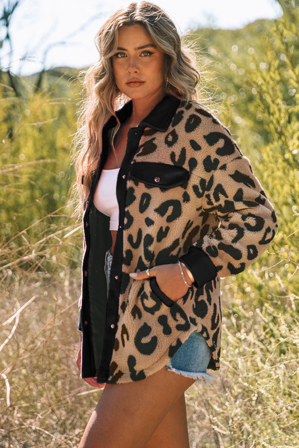 Black Contrast Trimmed Leopard Teddy Shacket - Premium Outerwear from Momma Done Gone Crafty- Just $61.50! Shop now at Momma Done Gone Crafty