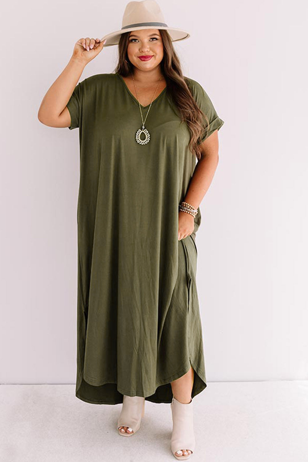 Green Plus Size V Neck Rolled Cuffs Maxi Dress - Premium Plus Size from Momma Done Gone Crafty- Just $35.99! Shop now at Momma Done Gone Crafty