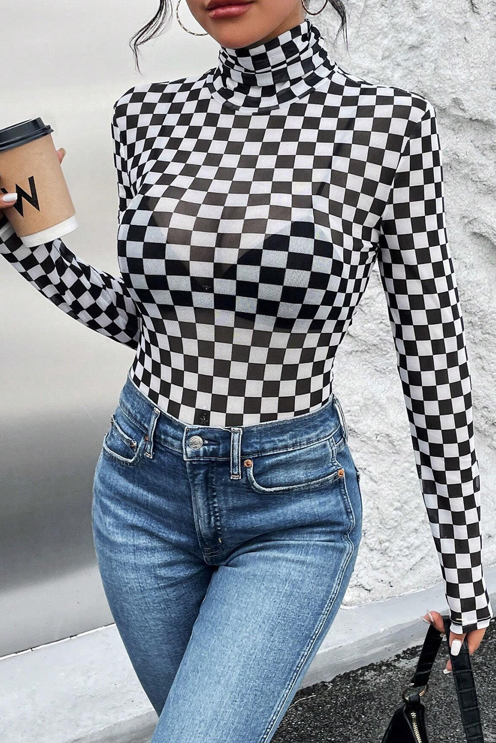 Black Checkered Printed Long Sleeve High Neck Bodysuit - Premium Tops/Bodysuits from Momma Done Gone Crafty- Just $11.70! Shop now at Momma Done Gone Crafty