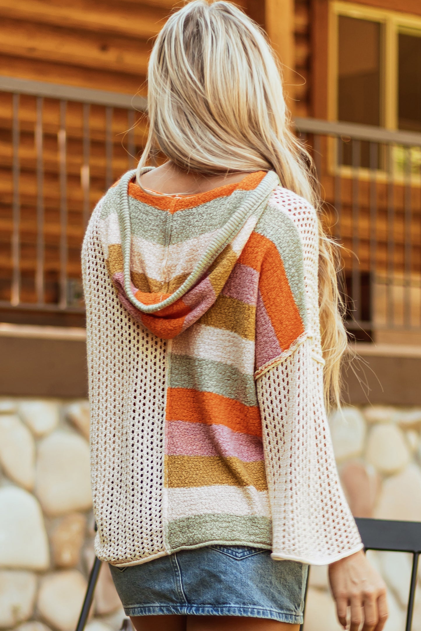 DEAR-LOVER Beige Oversized Colorblock V Neck Hooded Sweater