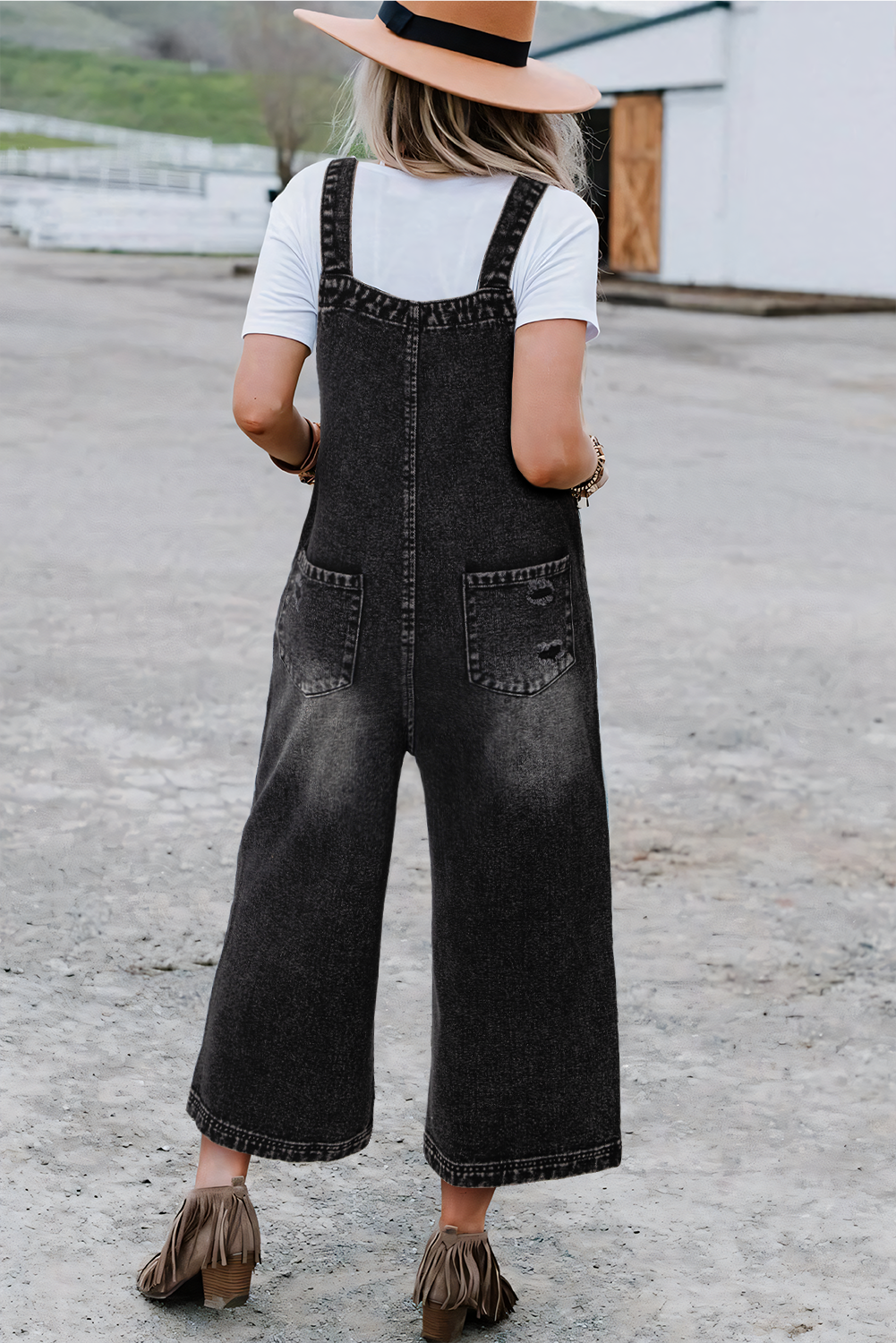 Black Distressed Bib Pocket Wide Leg Denim Overall - Premium Bottoms/Jumpsuits & Rompers from Ashes 2 Wildflowers Boutique, LLC- Just $64.99! Shop now at Ashes 2 Wildflowers Boutique, LLC