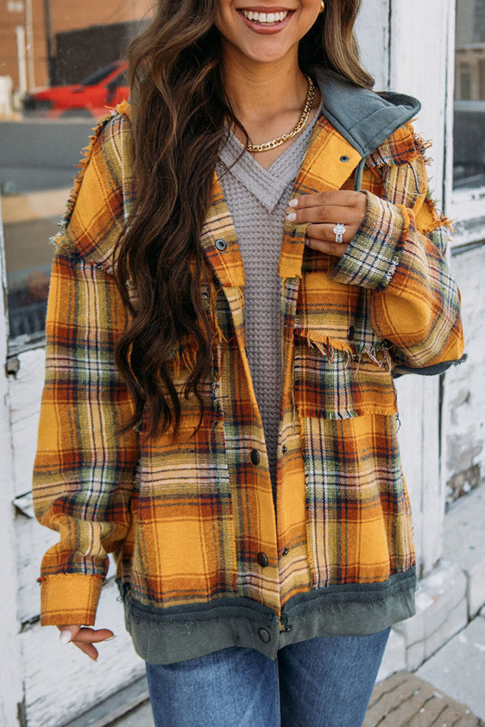 Orange Plaid Patch Hooded Frayed Snap Button Jacket - Premium Outerwear from Momma Done Gone Crafty- Just $52.62! Shop now at Momma Done Gone Crafty