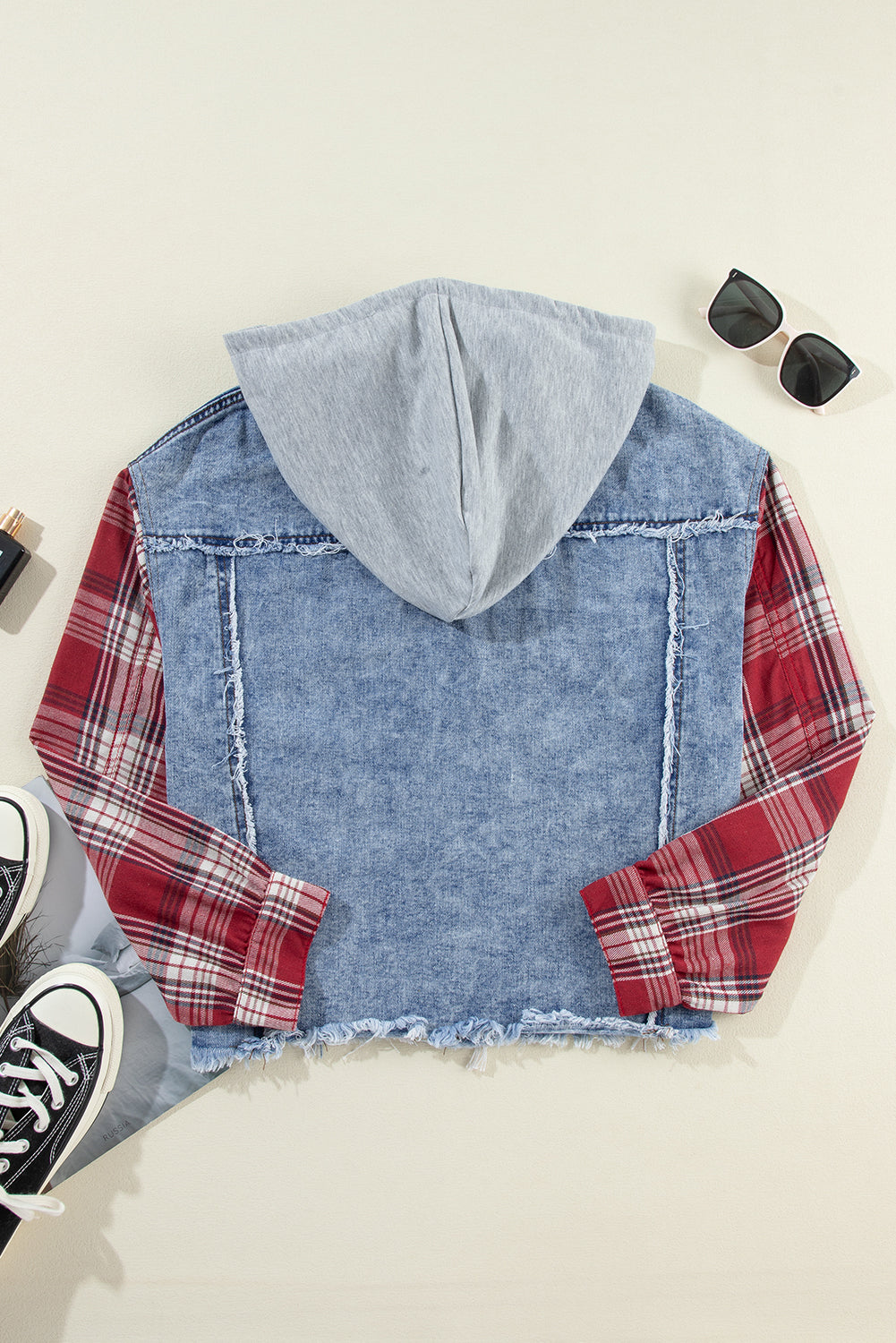 Beau Blue Plaid Print Patchwork Hooded Raw Hem Denim Jacket - Premium Outerwear/Denim jackets from Ashes 2 Wildflowers Boutique, LLC- Just $34.30! Shop now at Ashes 2 Wildflowers Boutique, LLC