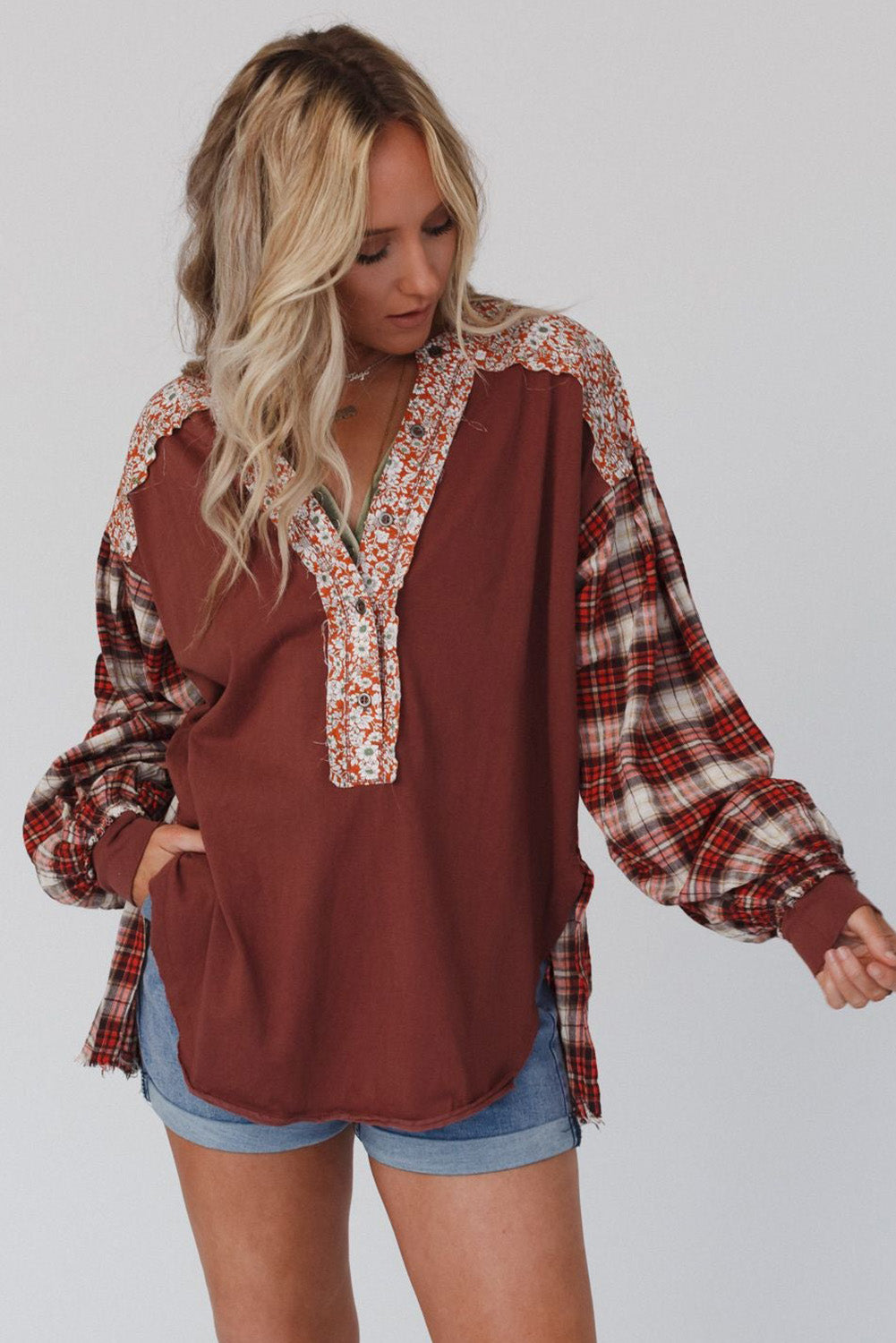 Red Floral Plaid Mixed Print Bishop Sleeve Patchwork Top - Premium Tops from Momma Done Gone Crafty- Just $61.11! Shop now at Momma Done Gone Crafty