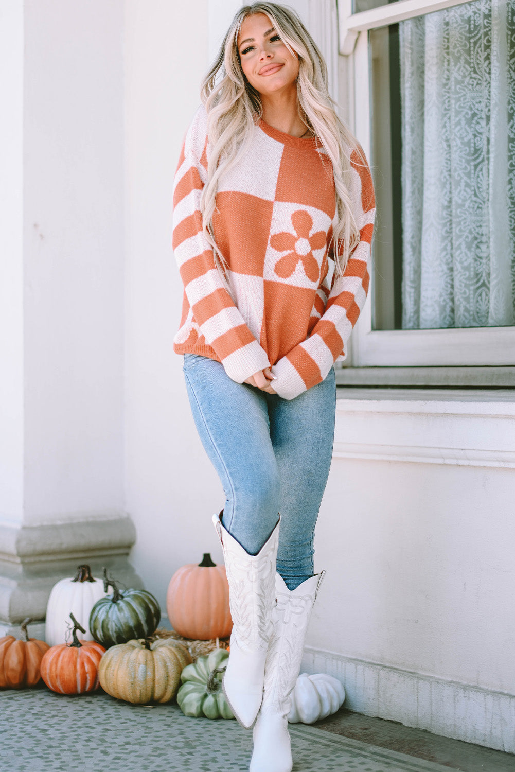 Brown Checkered Floral Print Striped Sleeve Sweater - Premium Tops from Momma Done Gone Crafty- Just $31.50! Shop now at Momma Done Gone Crafty