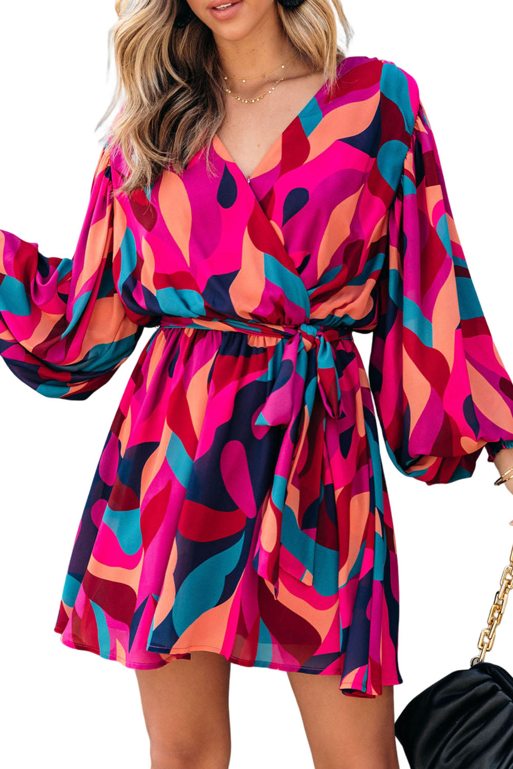 Red Abstract Printed Belted Puff Sleeve Mini Dress - Premium Dresses from Momma Done Gone Crafty- Just $49.94! Shop now at Momma Done Gone Crafty