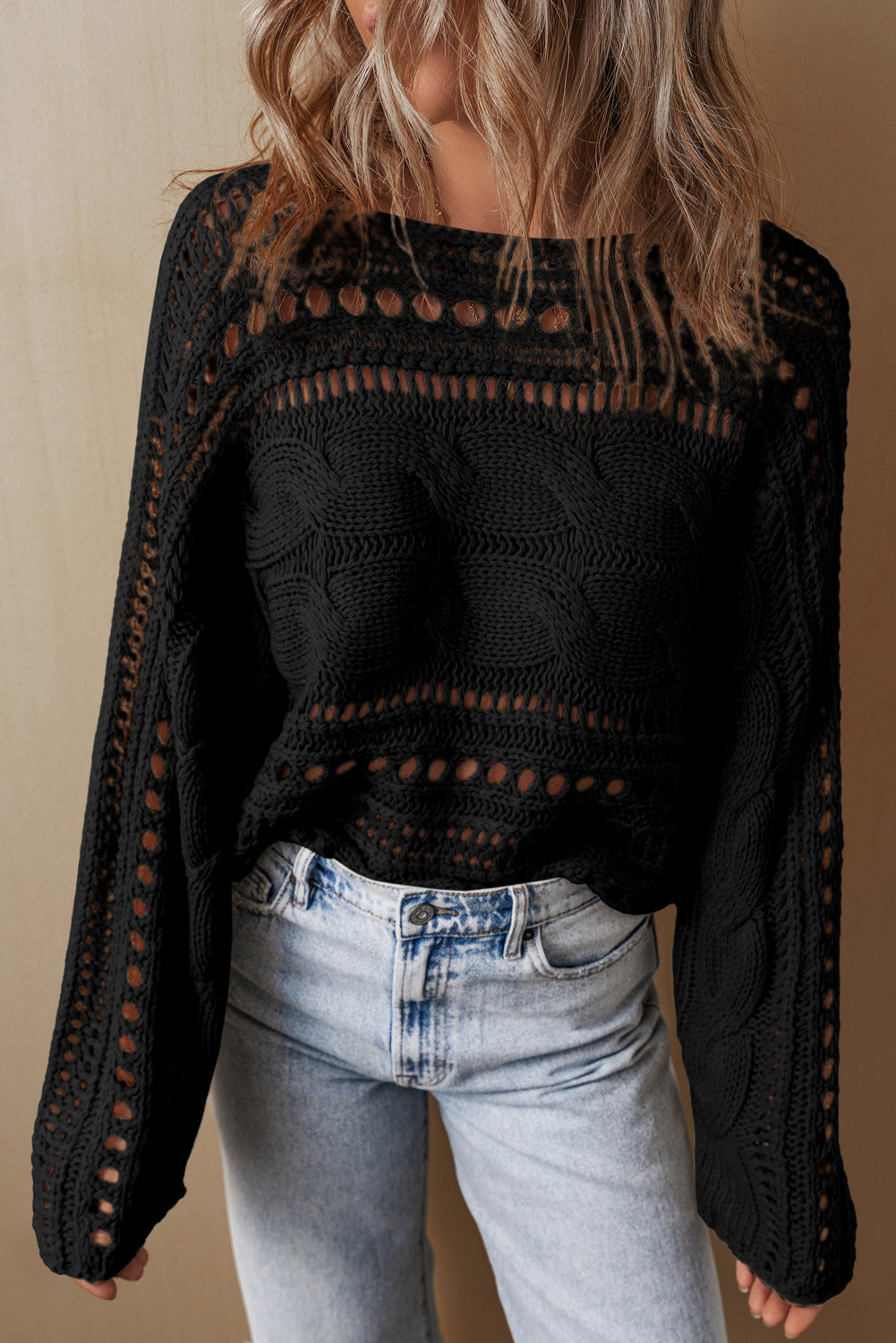 Black Hollow-out Cable Knit Cropped Sweater - Premium Sweaters & Cardigans/Sweaters from Momma Done Gone Crafty- Just $35.85! Shop now at Momma Done Gone Crafty