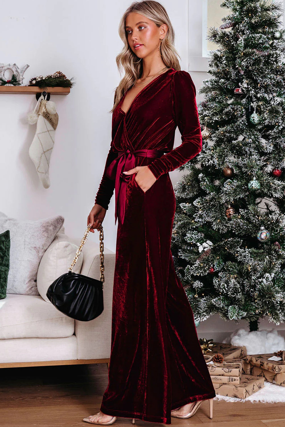 Fiery Red Velvet Pocketed Cut out Back Wide Leg Jumpsuit - Premium Bottoms/Jumpsuits & Rompers from Momma Done Gone Crafty- Just $35.25! Shop now at Momma Done Gone Crafty