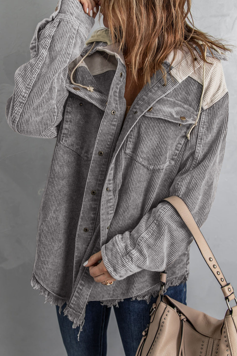 Gray Color Block Button Down Hooded Corduroy Jacket - Premium Outerwear from Momma Done Gone Crafty- Just $68.94! Shop now at Momma Done Gone Crafty