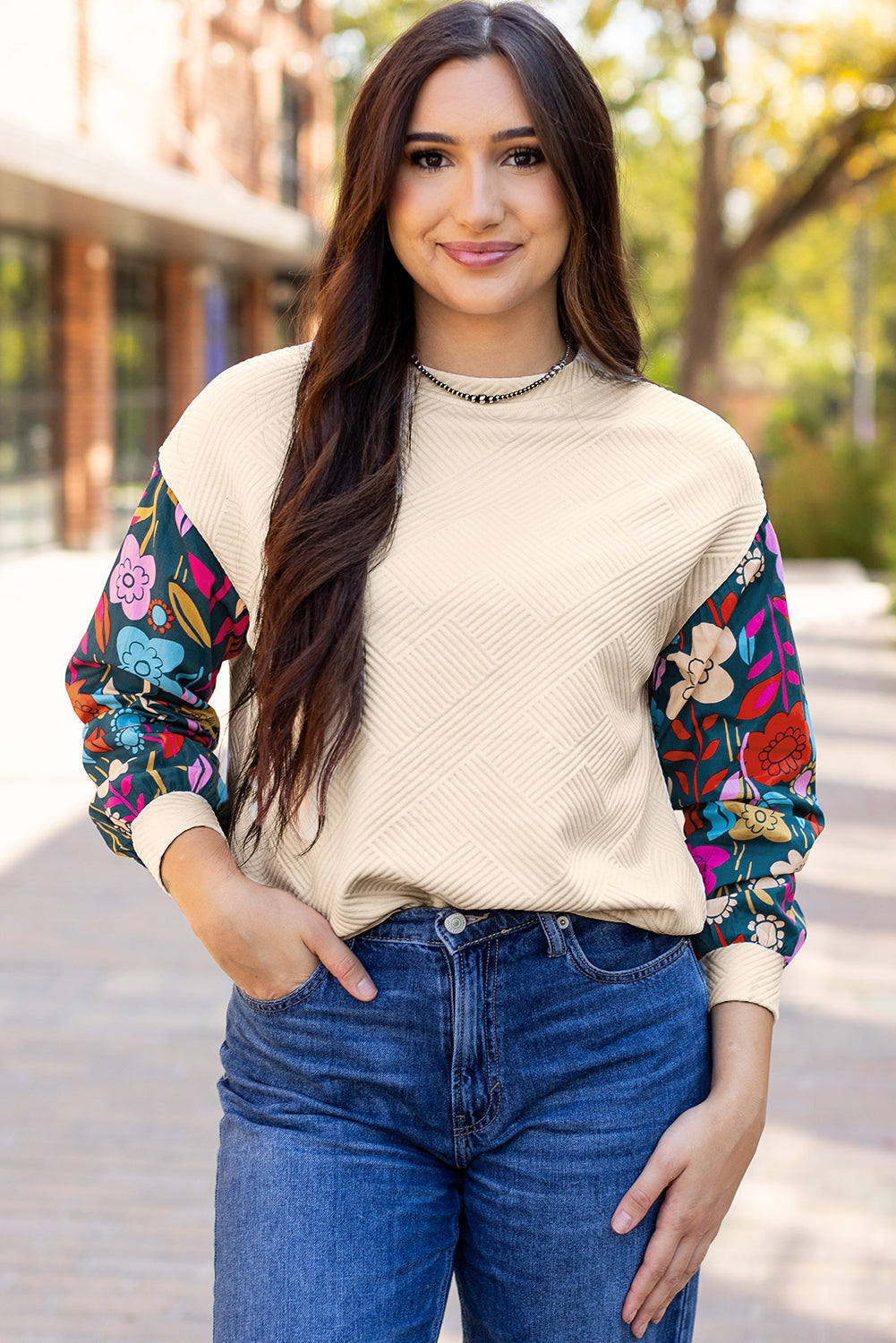White Contrast Floral Sleeve Textured Drop Shoulder Knit Top - Premium Tops/Long Sleeve Tops from Ashes 2 Wildflowers Boutique, LLC- Just $28.40! Shop now at Ashes 2 Wildflowers Boutique, LLC