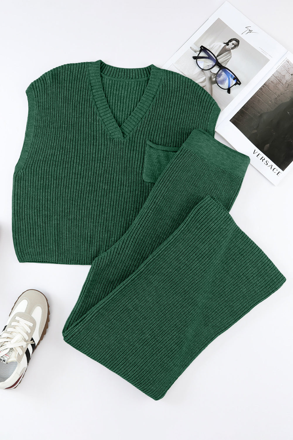 Green Knitted V Neck Sweater and Casual Pants Set - Premium Loungewear from Momma Done Gone Crafty- Just $82.26! Shop now at Momma Done Gone Crafty