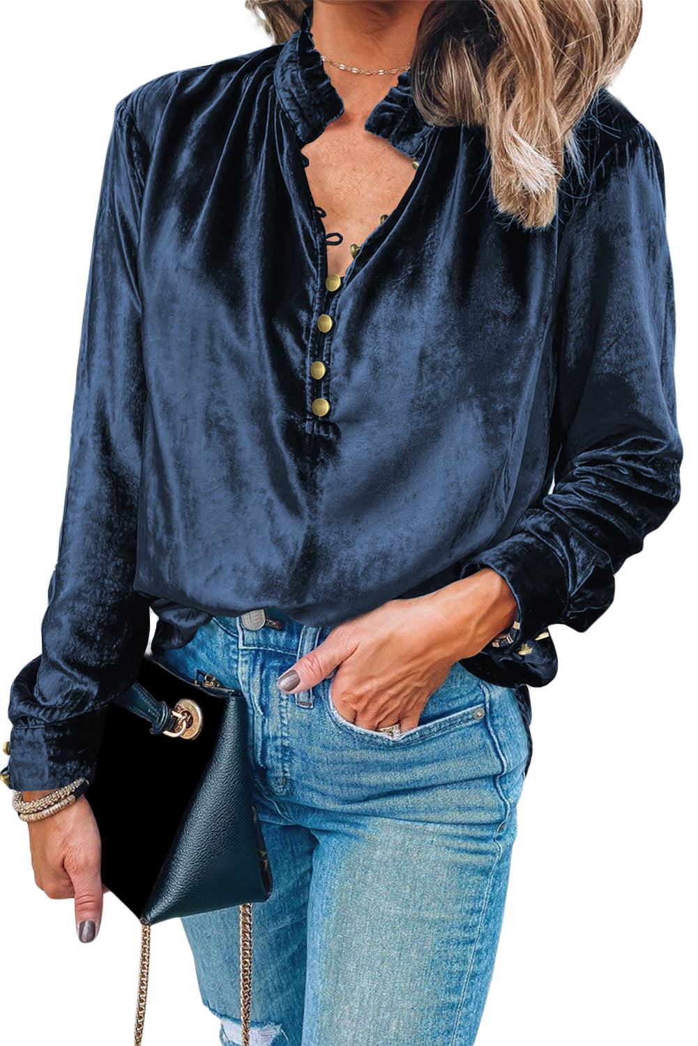 Navy Blue Frilled Neck Buttoned Front Velvet Top - Premium Tops from Momma Done Gone Crafty- Just $40.11! Shop now at Momma Done Gone Crafty