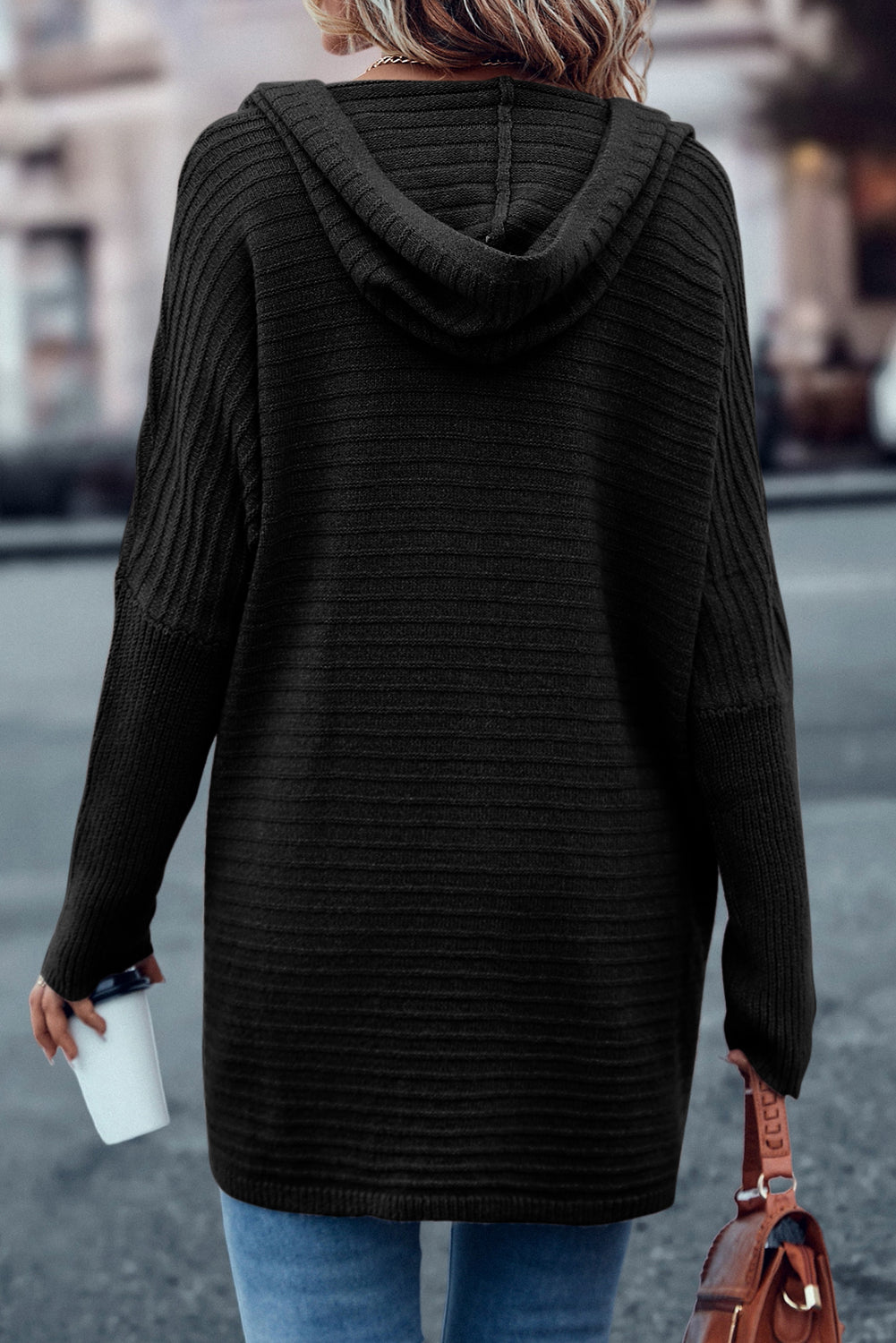 Black Horizontal Rib Knitted Open Front Hooded Cardigan - Premium Sweaters & Cardigans/Cardigans from Momma Done Gone Crafty- Just $36.60! Shop now at Momma Done Gone Crafty