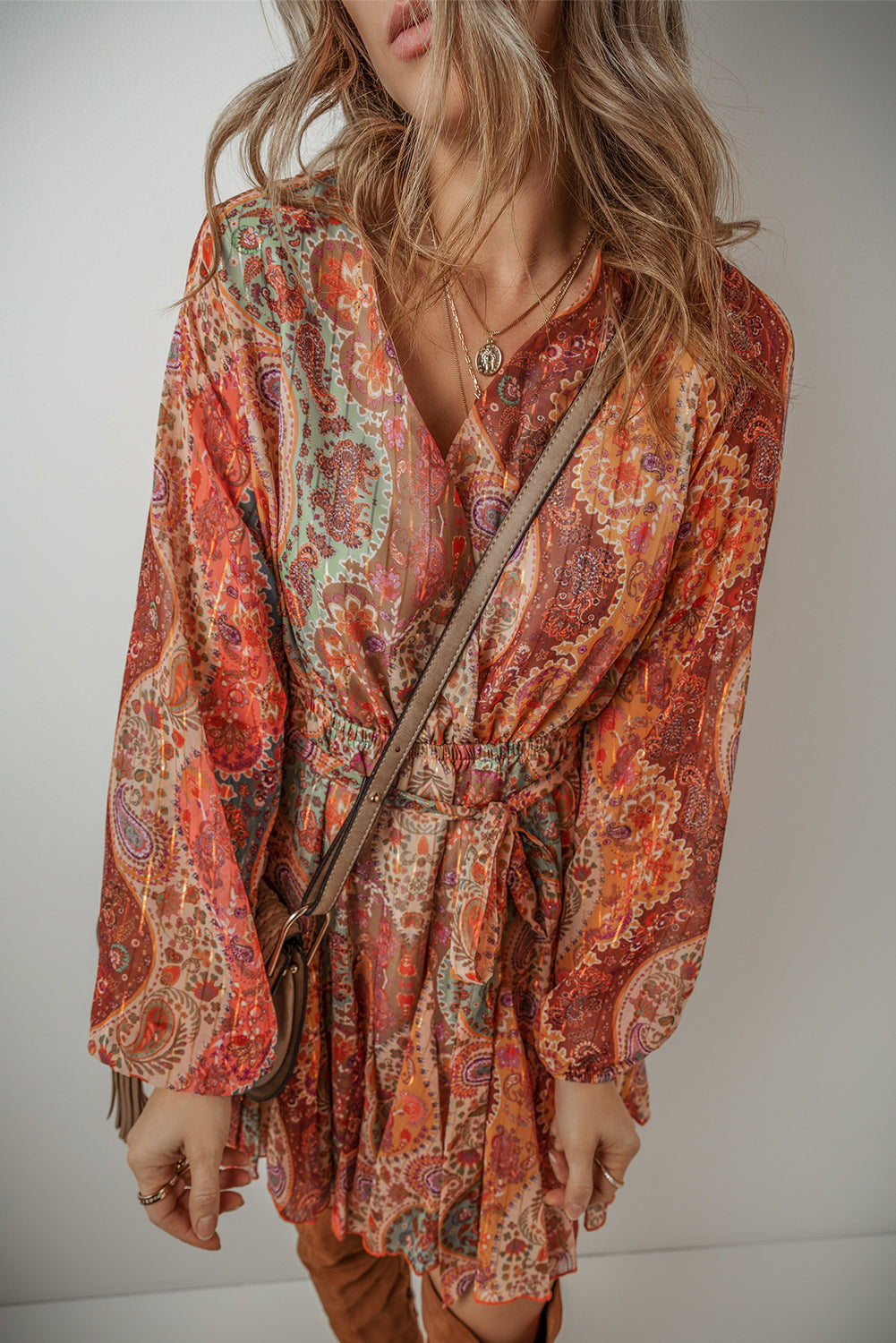Orange Boho Paisley Print Long Sleeve Pleated Belted Mini Dress - Premium Dresses/Mini Dresses from Momma Done Gone Crafty- Just $64.99! Shop now at Momma Done Gone Crafty