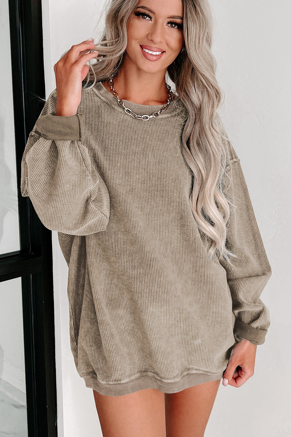 Khaki Solid Ribbed Knit Round Neck Pullover Sweatshirt - Premium Tops from Momma Done Gone Crafty- Just $38.94! Shop now at Momma Done Gone Crafty