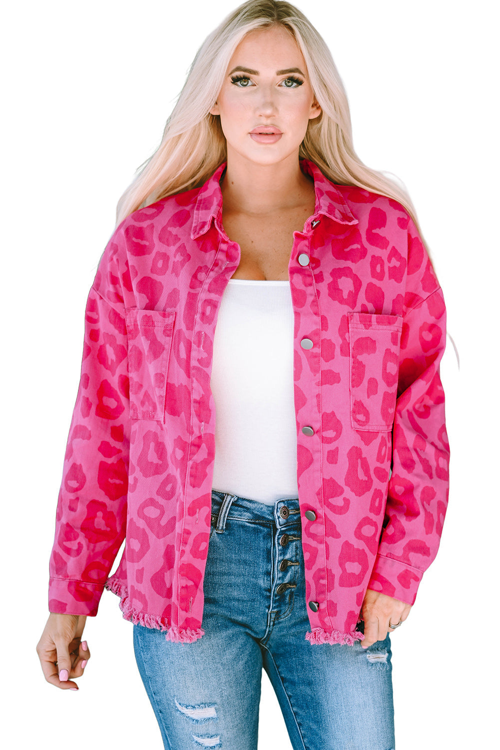 Pink Leopard Print Button Cuffs Raw Hem Jacket - Premium Outerwear from Momma Done Gone Crafty- Just $55.80! Shop now at Momma Done Gone Crafty