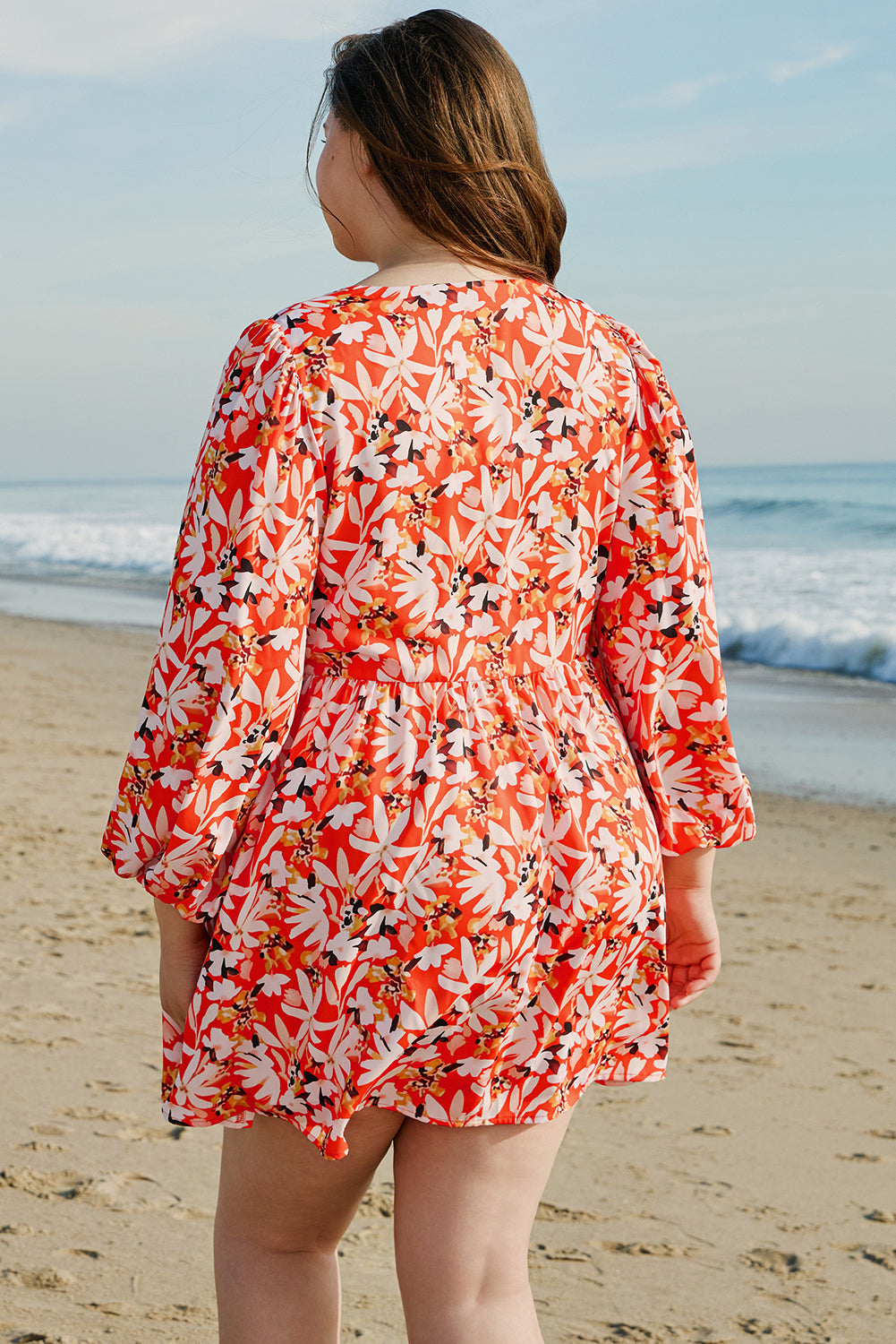 Orange Floral Print Split V Neck Bubble Sleeve Plus Size Midi Dress - Premium Plus Size/Plus Size Dresses/Plus Size Midi Dresses from Momma Done Gone Crafty- Just $38.70! Shop now at Momma Done Gone Crafty