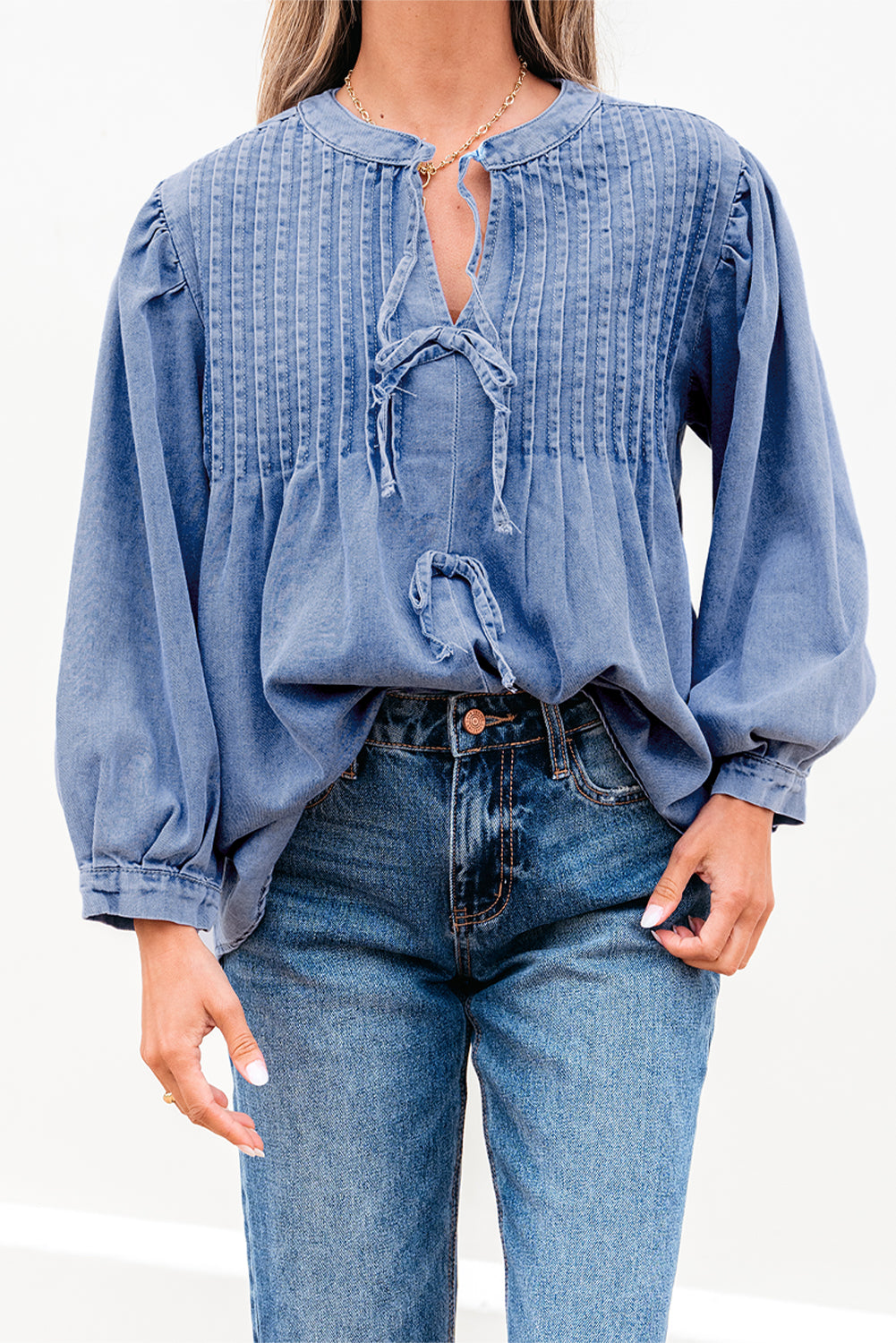 Myosotis Denim Front Pintuck Bow Tie Puff Sleeve Top - Premium Tops/Blouses & Shirts from Ashes 2 Wildflowers Boutique, LLC- Just $28.90! Shop now at Ashes 2 Wildflowers Boutique, LLC