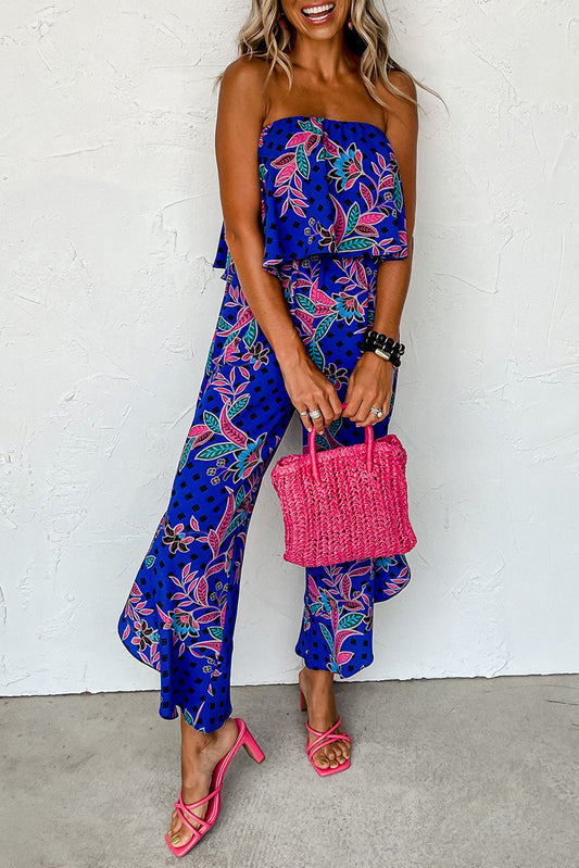 Blue Mix Tropical Print Strapless Ruffled Jumpsuit - Premium Bottoms/Jumpsuits & Rompers from Momma Done Gone Crafty- Just $24.48! Shop now at Momma Done Gone Crafty