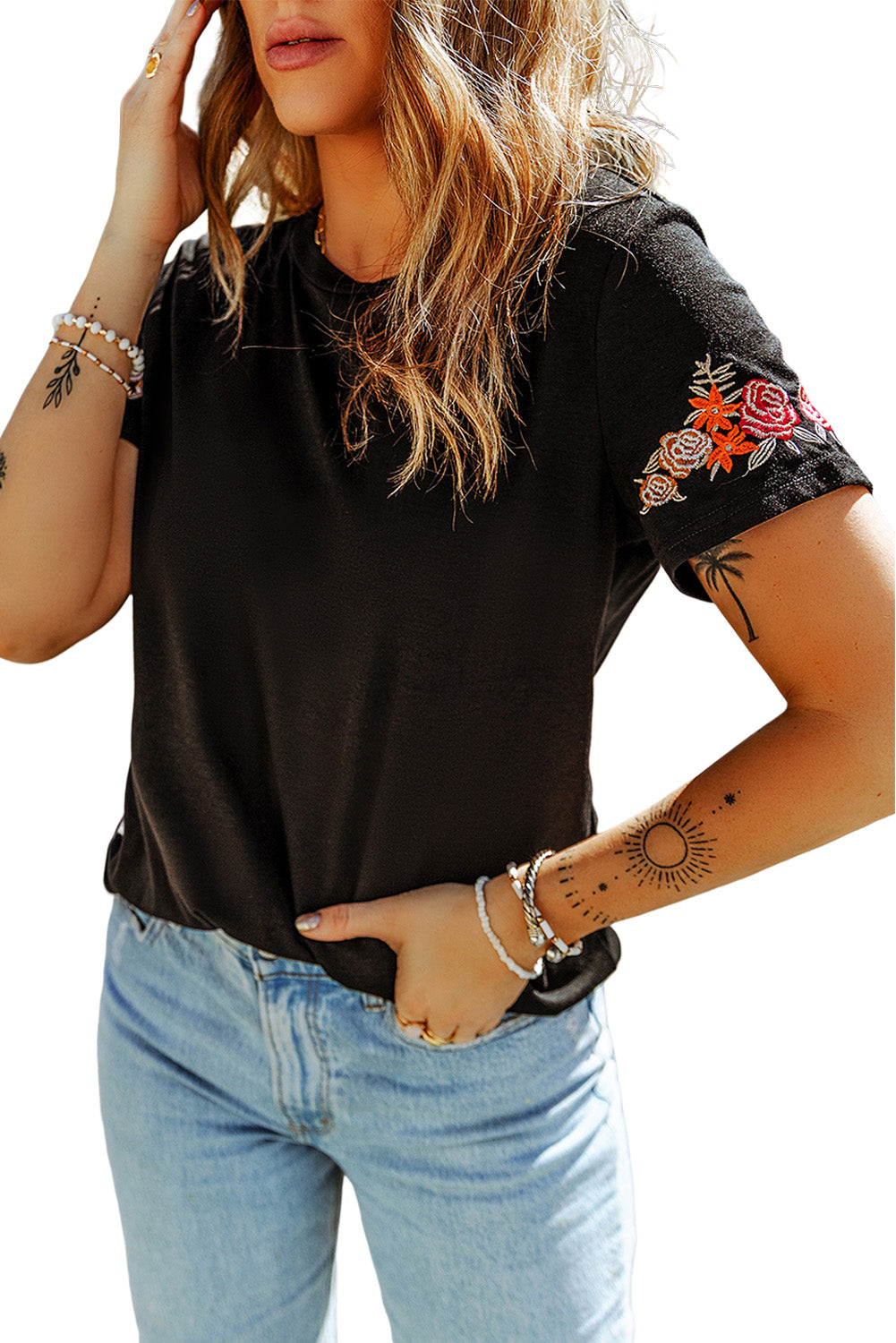 Black Floral Embroidered Round Neck Short Sleeve T Shirt - Premium Tops from Momma Done Gone Crafty- Just $59.70! Shop now at Momma Done Gone Crafty
