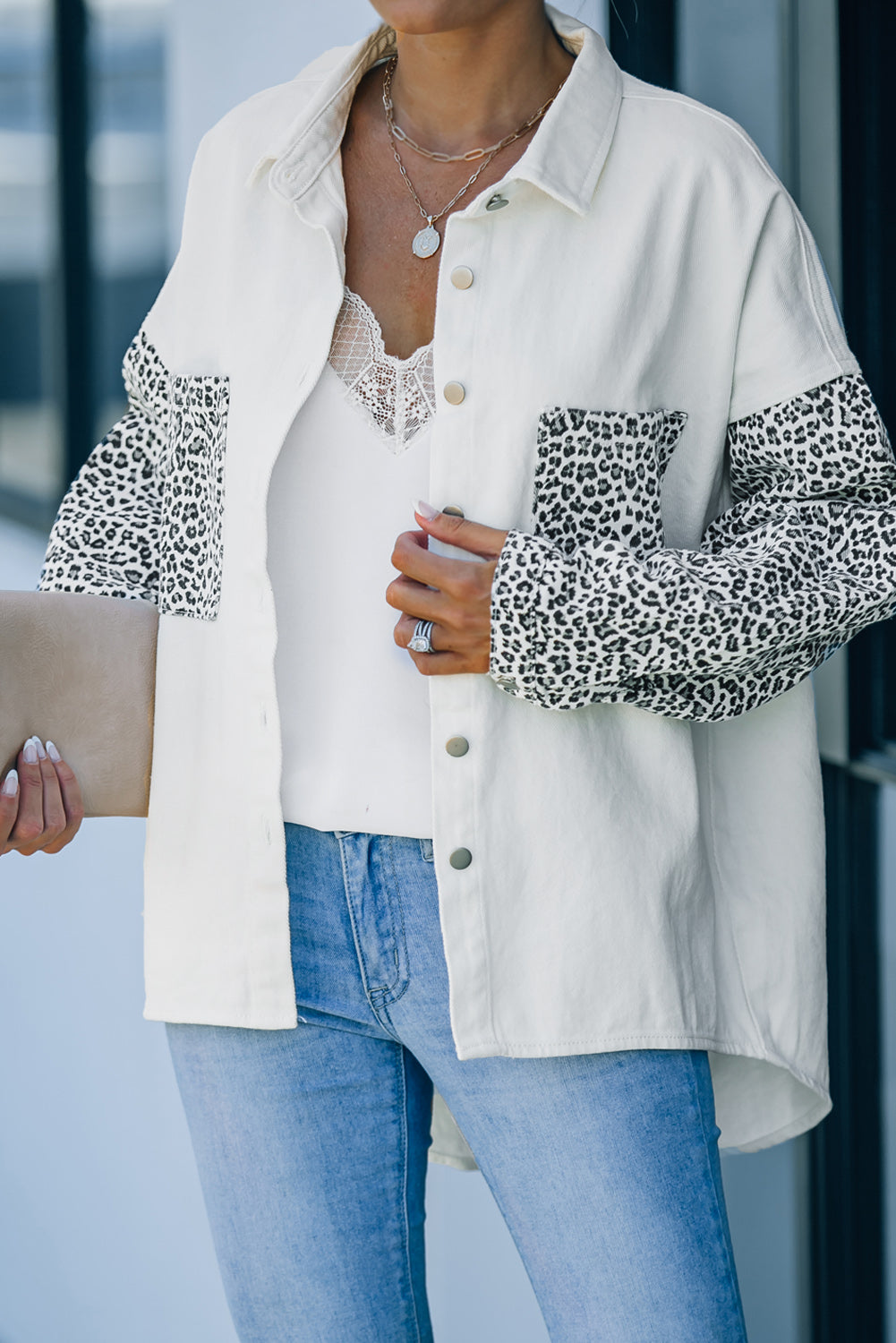 White Contrast Leopard Denim Jacket - Premium Outerwear/Denim jackets from Momma Done Gone Crafty- Just $55! Shop now at Momma Done Gone Crafty