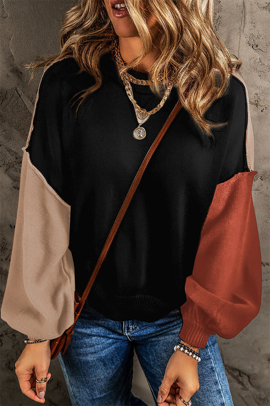 Black Colorblock Bishop Sleeve Ribbed Trim Sweater - Premium Tops from Momma Done Gone Crafty- Just $44.55! Shop now at Momma Done Gone Crafty