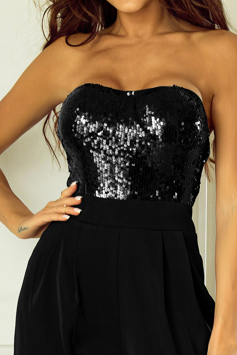 Black Sequin Tube Top Wide Leg Jumpsuit - Premium Bottoms/Jumpsuits & Rompers from Momma Done Gone Crafty- Just $33.63! Shop now at Momma Done Gone Crafty
