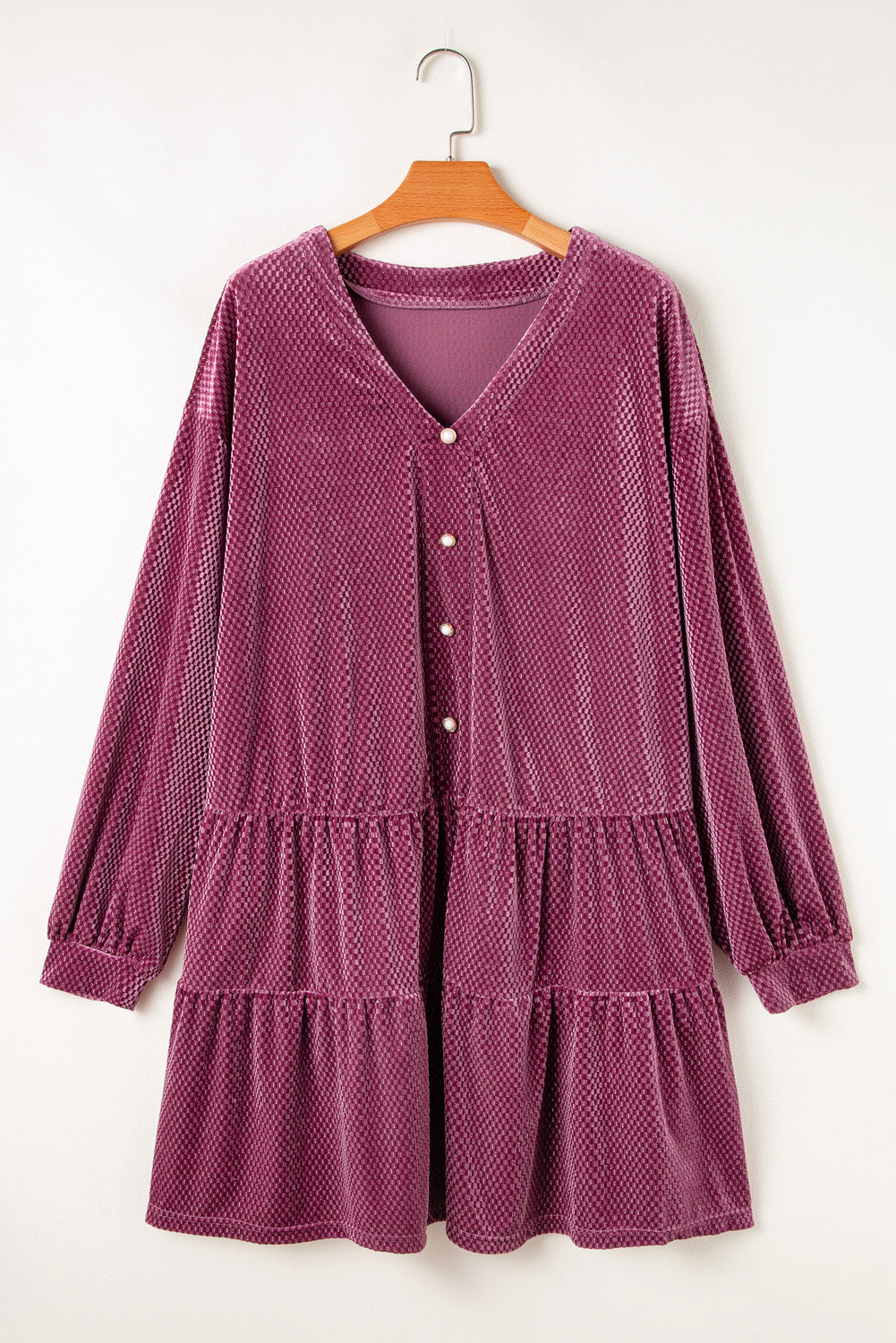 Meadow Mauve Plus Size Textured Velvet Tiered Buttons Tiered Dress - Premium Plus Size/Plus Size Dresses/Plus Size Mini Dresses from Momma Done Gone Crafty- Just $37.80! Shop now at Momma Done Gone Crafty